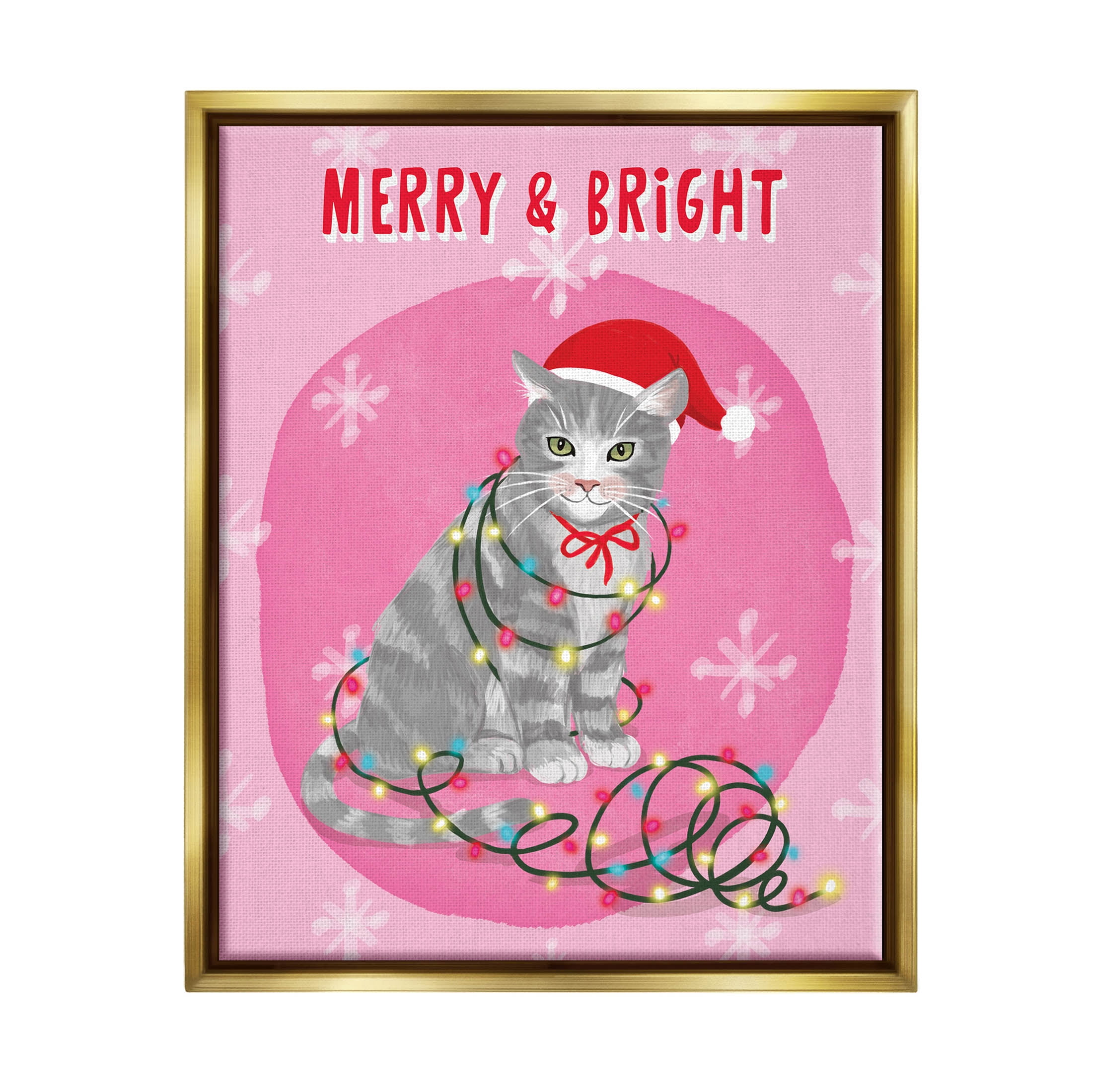 Stupell Industries Merry & Bright Christmas Cat Lights Graphic Art Metallic Gold Floating Framed Canvas Print Wall Art, Design by Be Ni La