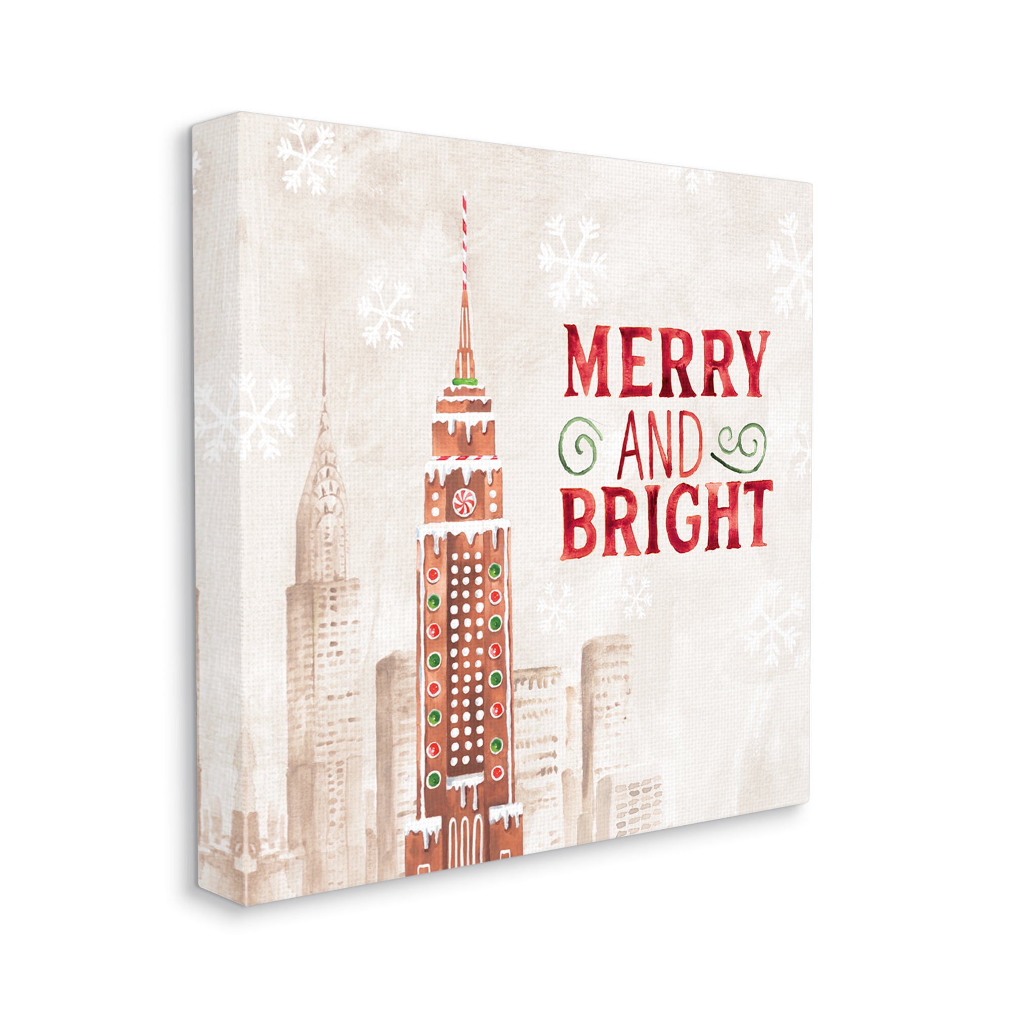 Stupell Industries Merry and Bright Christmas Phrase Gingerbread Architecture Cityscape Holiday Painting Gallery Wrapped Canvas Print Wall Art, 24 x 24