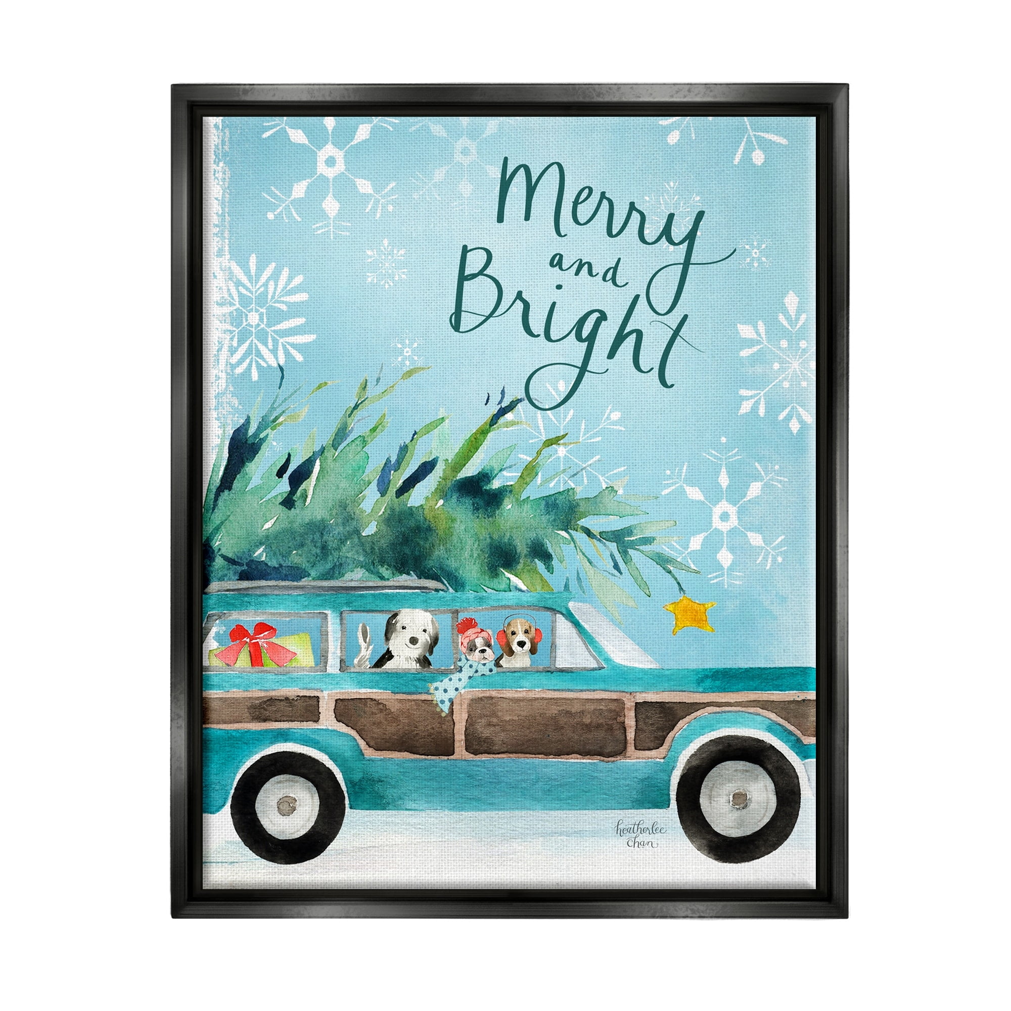 Stupell Industries Merry & Bright Christmas Scene Holiday Puppies Graphic Art Jet Black Floating Framed Canvas Print Wall Art, Design by Heatherlee Chan