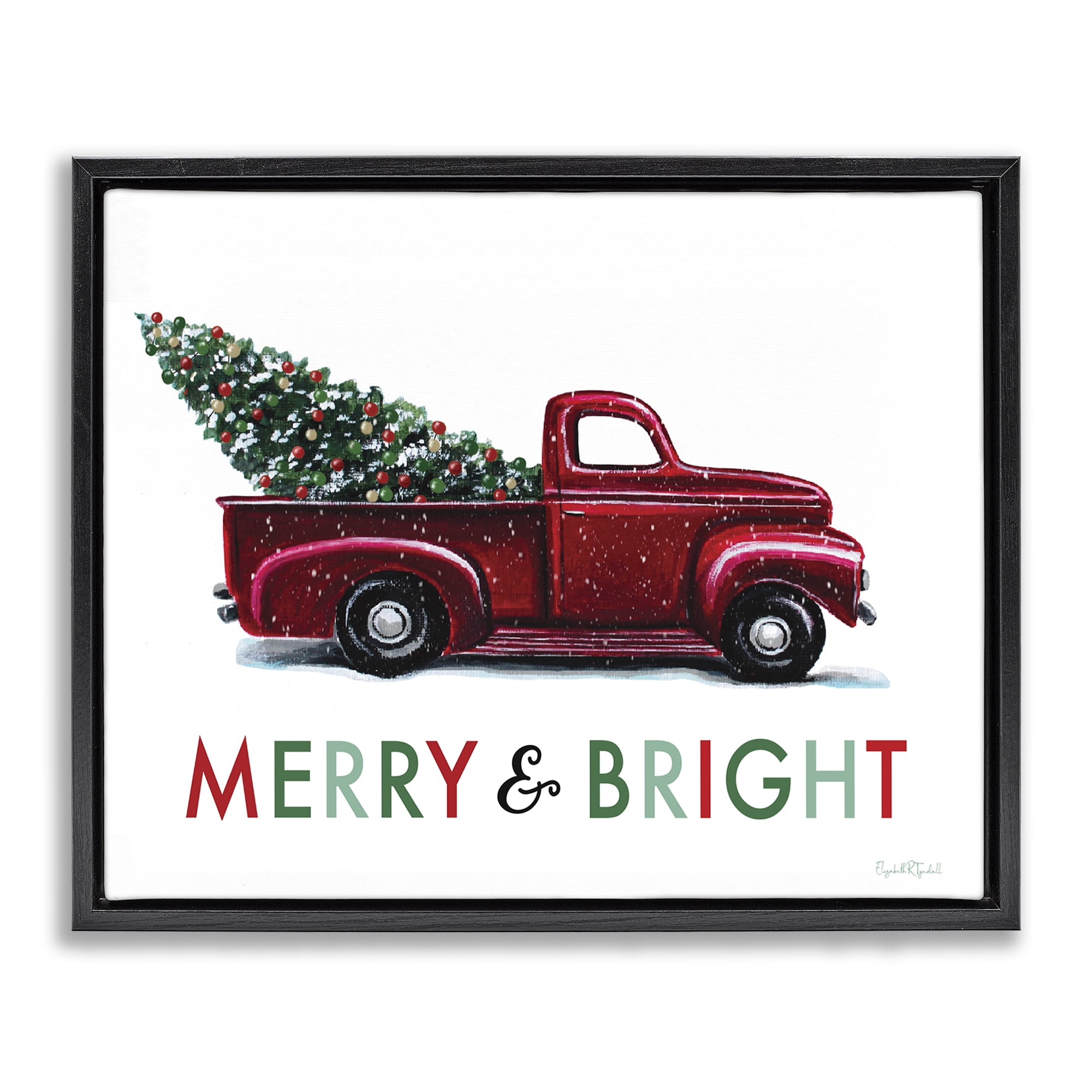 Stupell Industries Merry Bright Christmas Truck Holiday Painting Black Floater Framed Canvas Art Prints Wall Art, 21 x 17