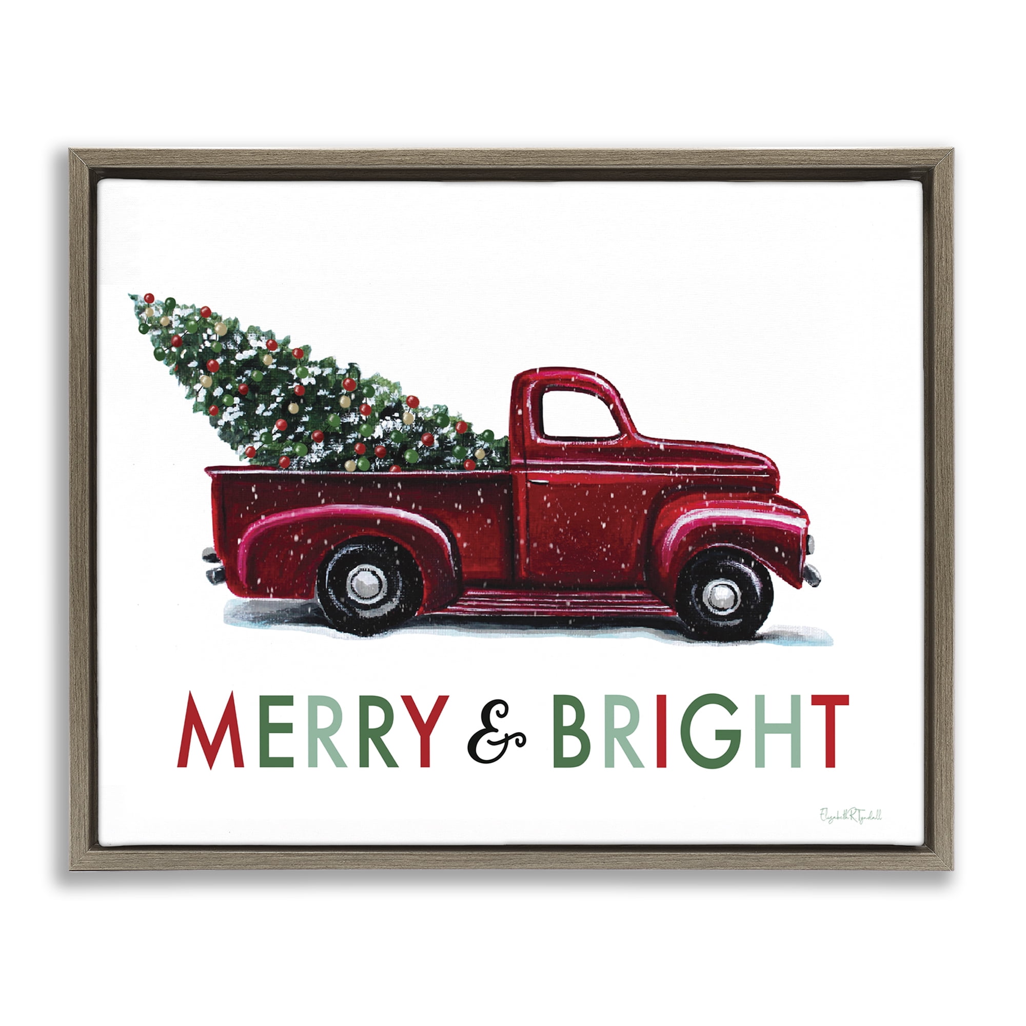 Stupell Industries Merry Bright Christmas Truck Holiday Painting Brown Floater Framed Canvas Art Prints Wall Art, 31 x 25