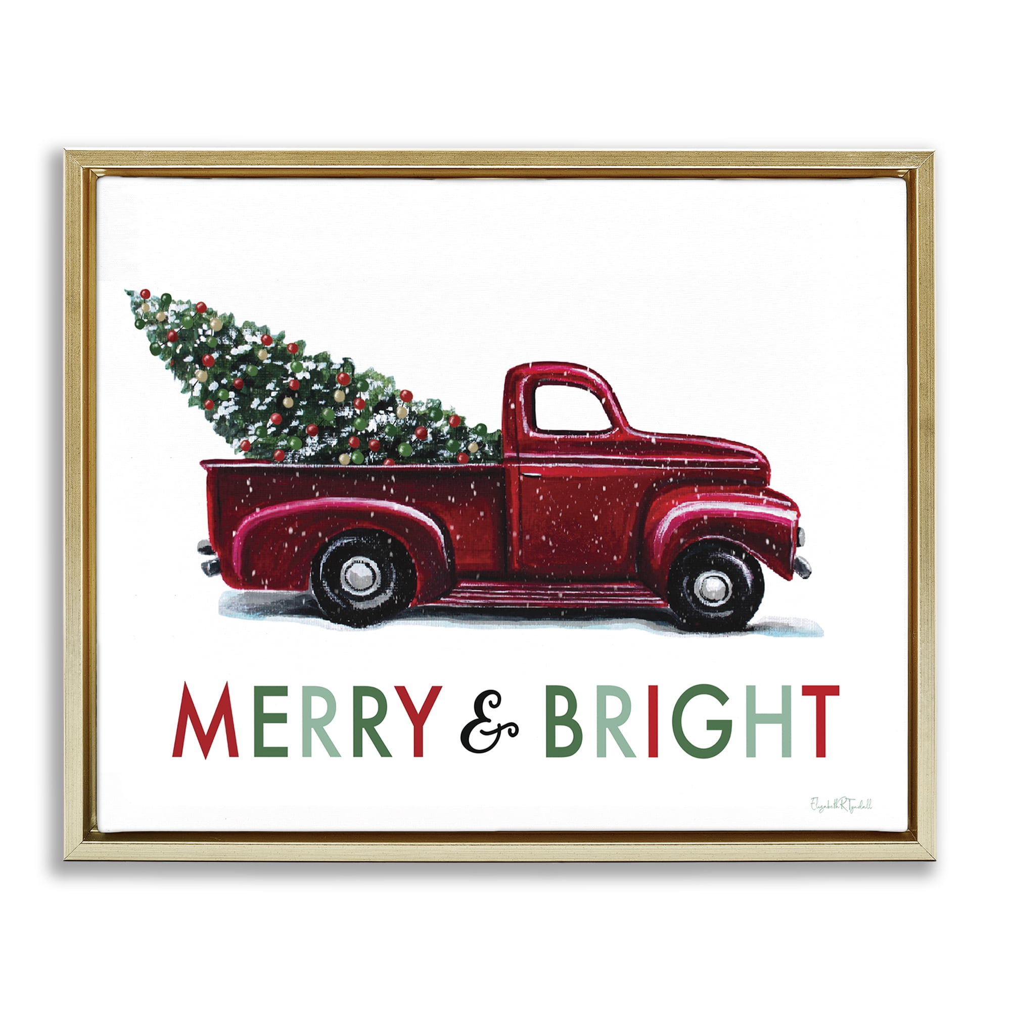 Stupell Industries Merry Bright Christmas Truck Holiday Painting Gold Floater Framed Canvas Art Prints Wall Art, 31 x 25