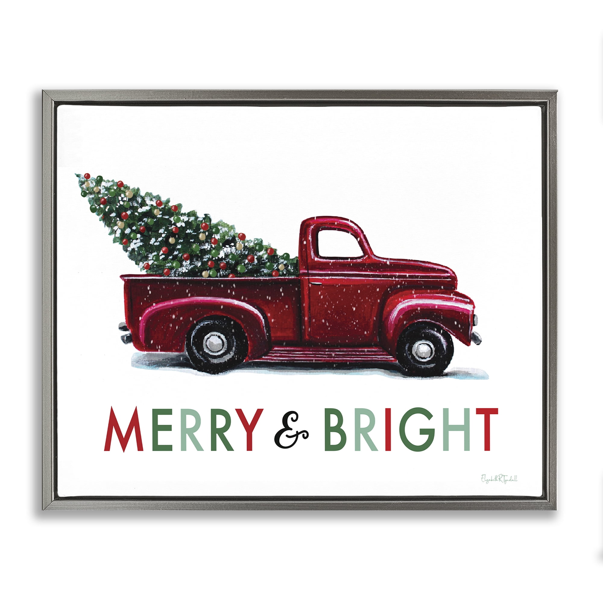 Stupell Industries Merry Bright Christmas Truck Holiday Painting Gray Floater Framed Canvas Art Prints Wall Art, 21 x 17