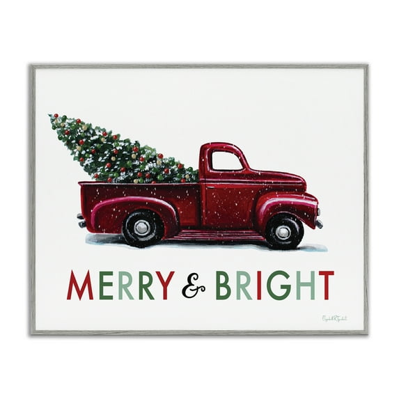 Stupell Industries Merry Bright Christmas Truck Holiday Painting Gray Framed Art Prints Wall Art, 14 x 11