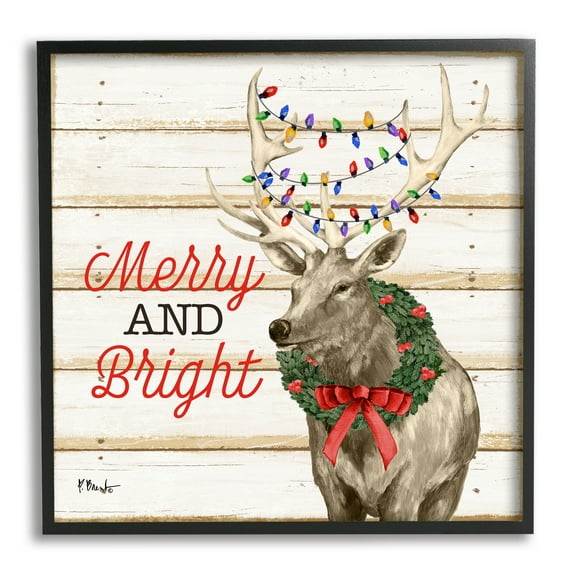 Stupell Industries Merry & Bright Deer Holiday Painting Black Framed Art Print Wall Art, 12 x 12