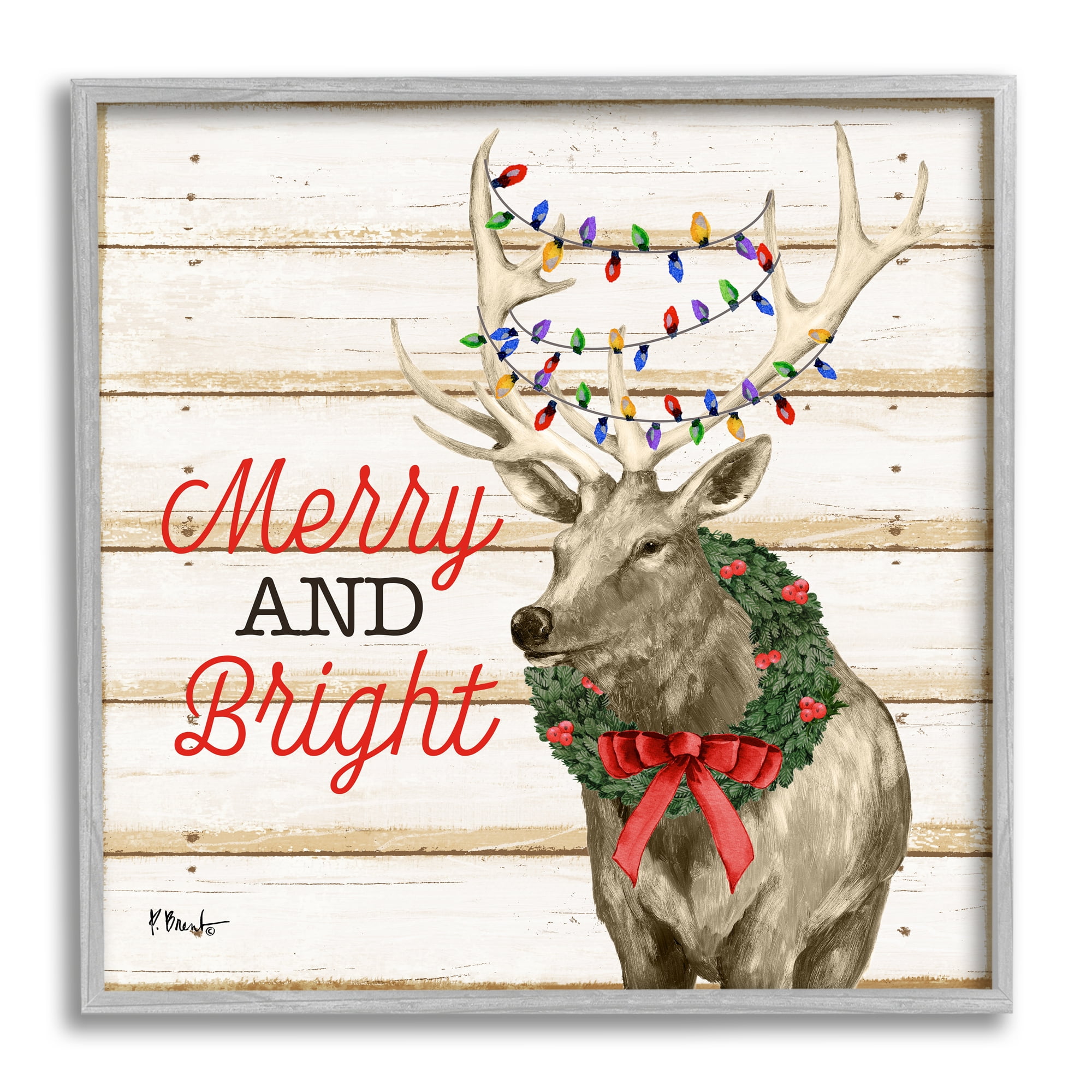 Stupell Industries Merry & Bright Deer Holiday Painting Gray Framed Art Print Wall Art, 24 x 24
