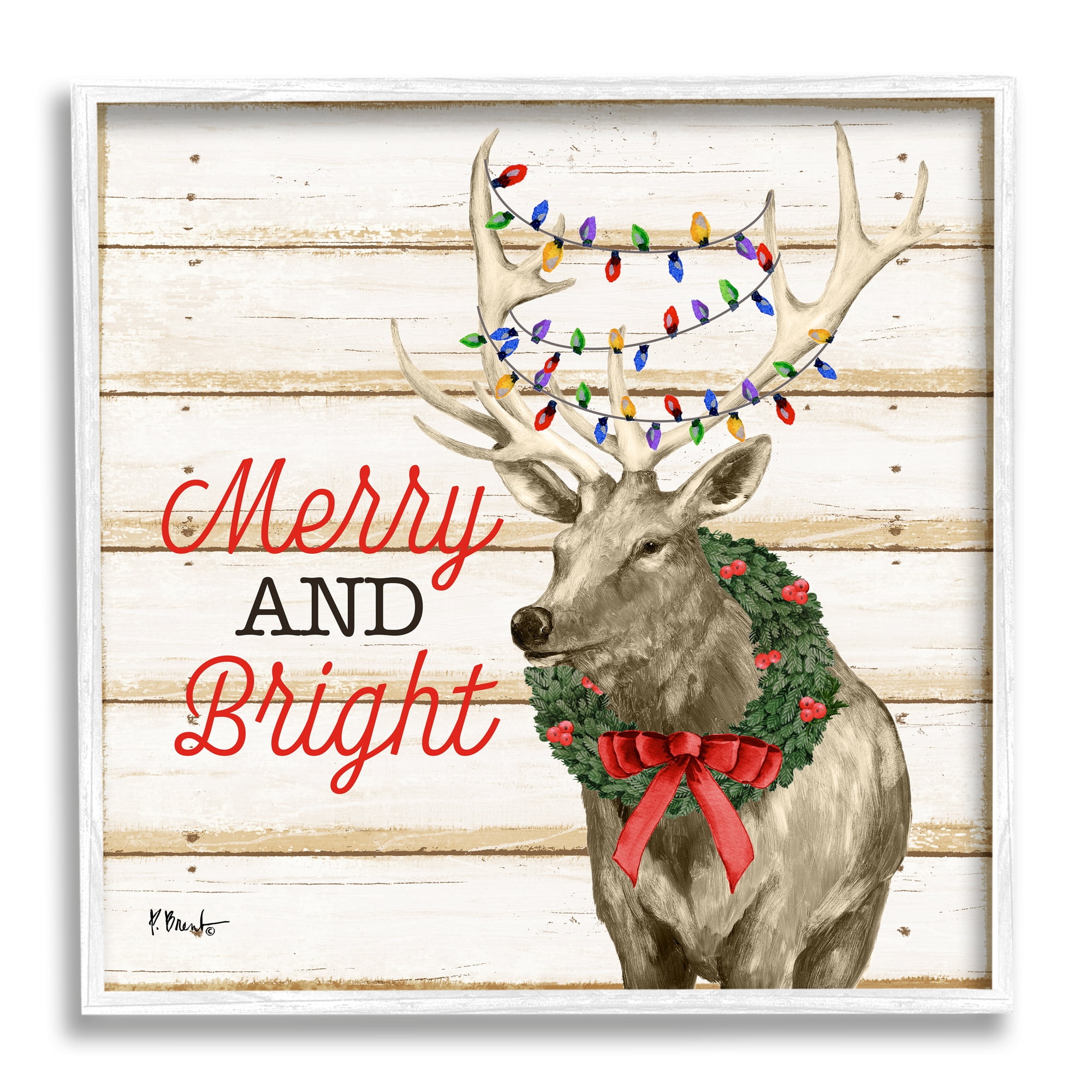 Stupell Industries Merry & Bright Deer Holiday Painting White Framed Art Print Wall Art, 17 x 17