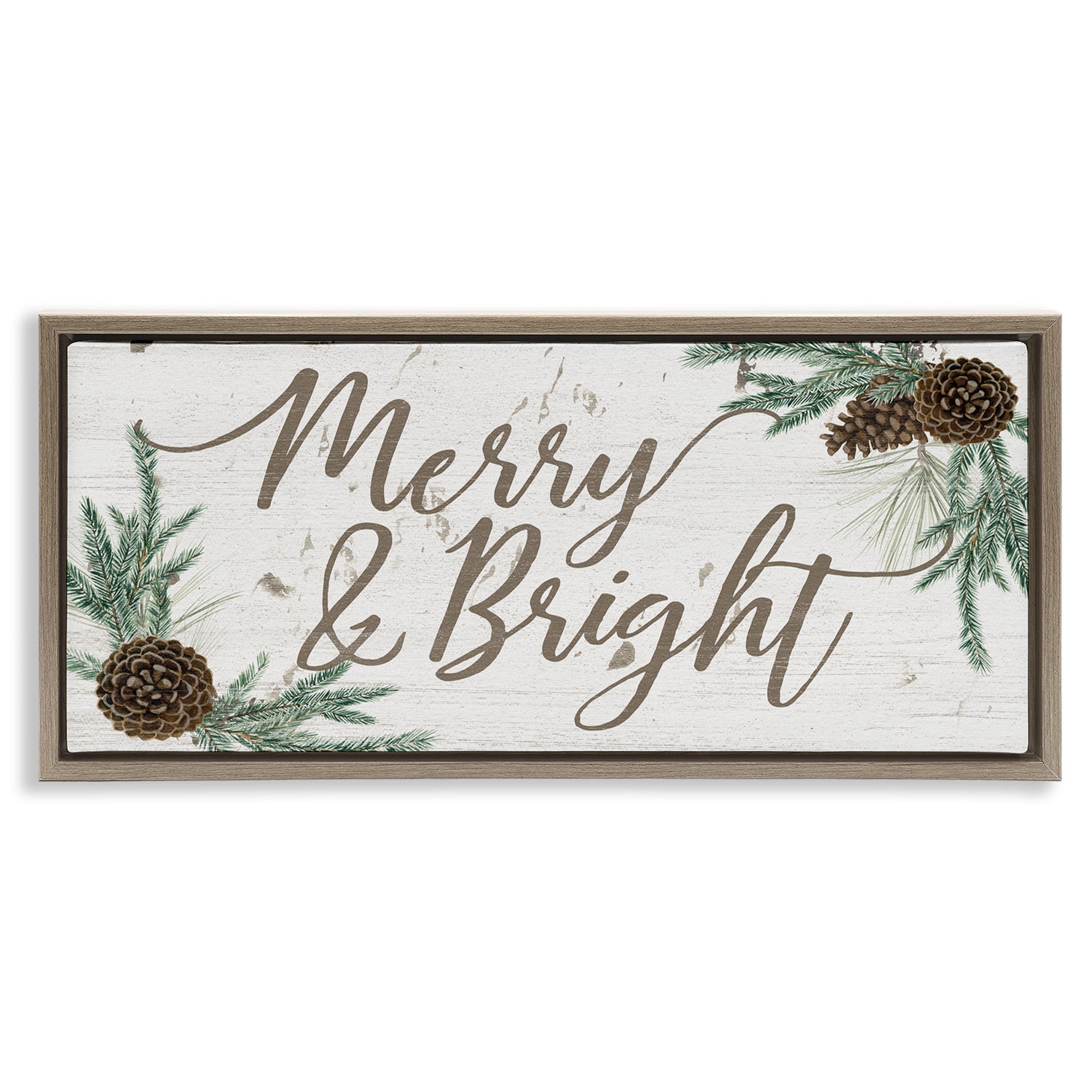 Stupell Industries Merry & Bright Festive Winter Holiday Painting Brown Floater Framed Canvas Art Print Wall Art, 25 x 11