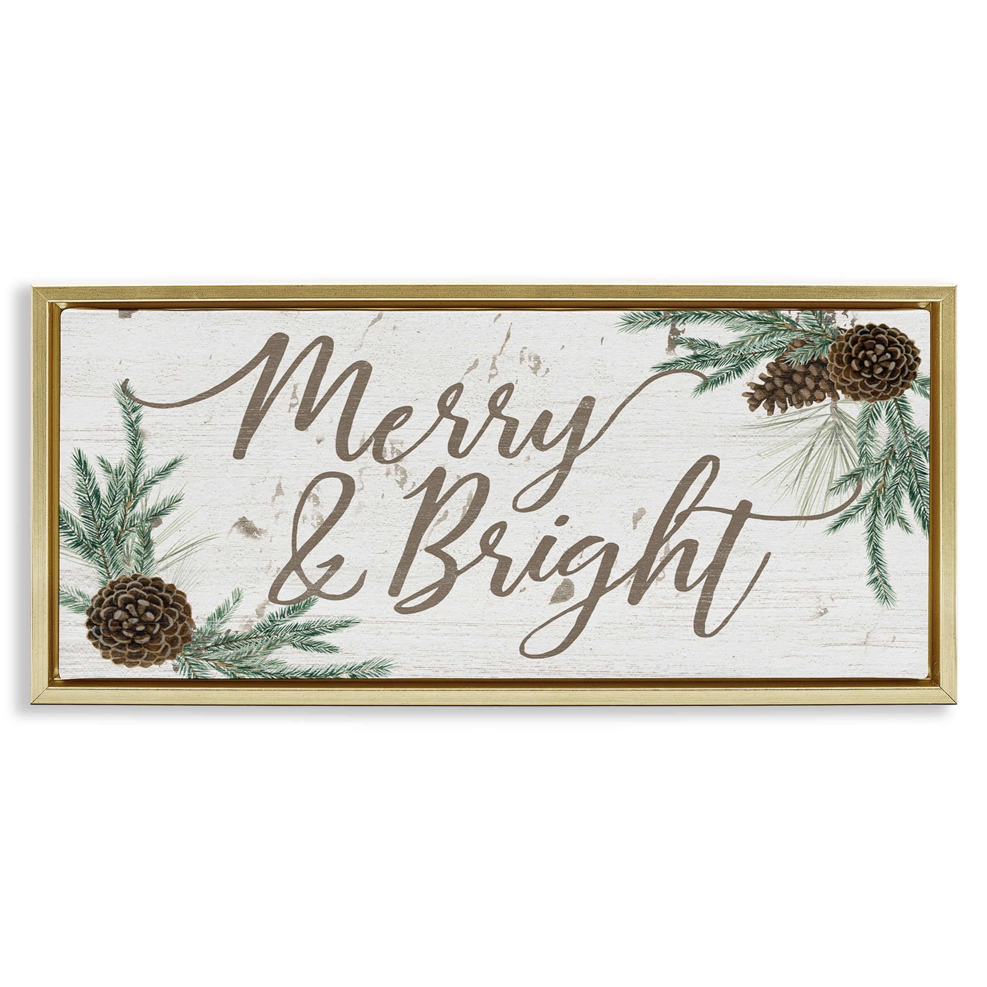 Stupell Industries Merry & Bright Festive Winter Holiday Painting Gold Floater Framed Canvas Art Print Wall Art, 31 x 14
