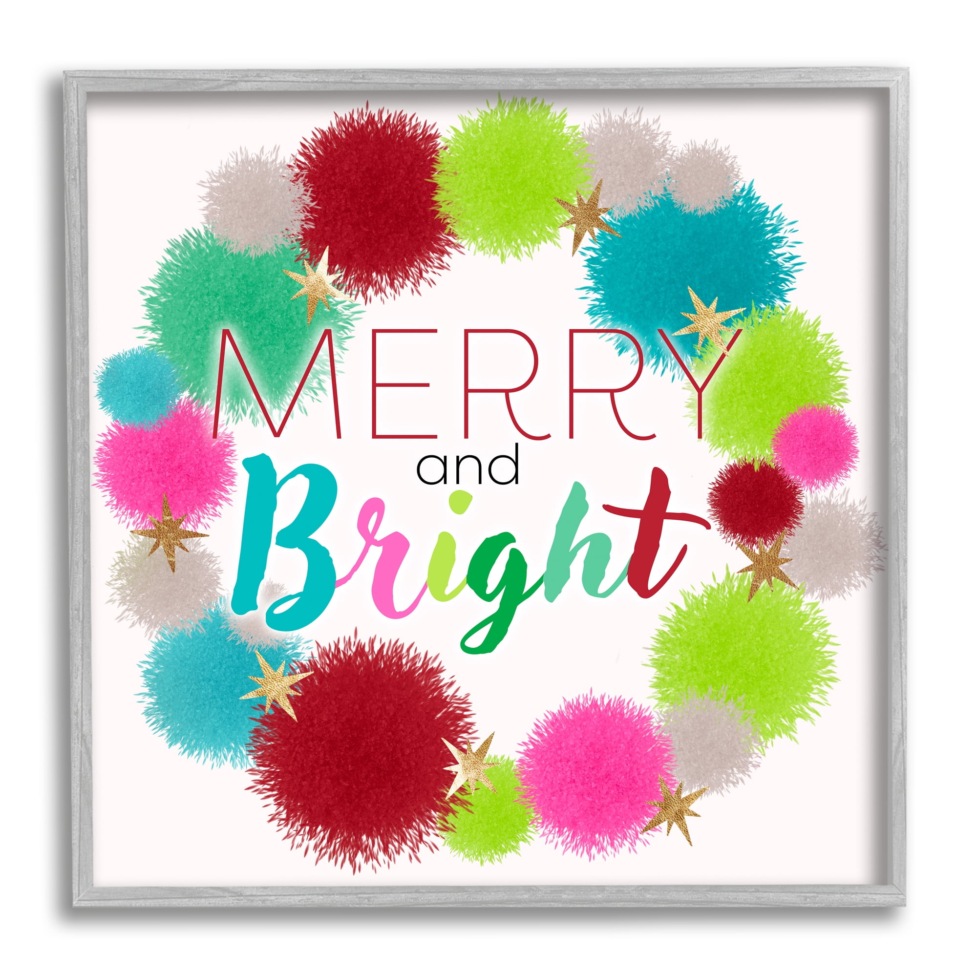 Stupell Industries Merry & Bright Fun Wreath Holiday Painting Gray Framed Art Print Wall Art