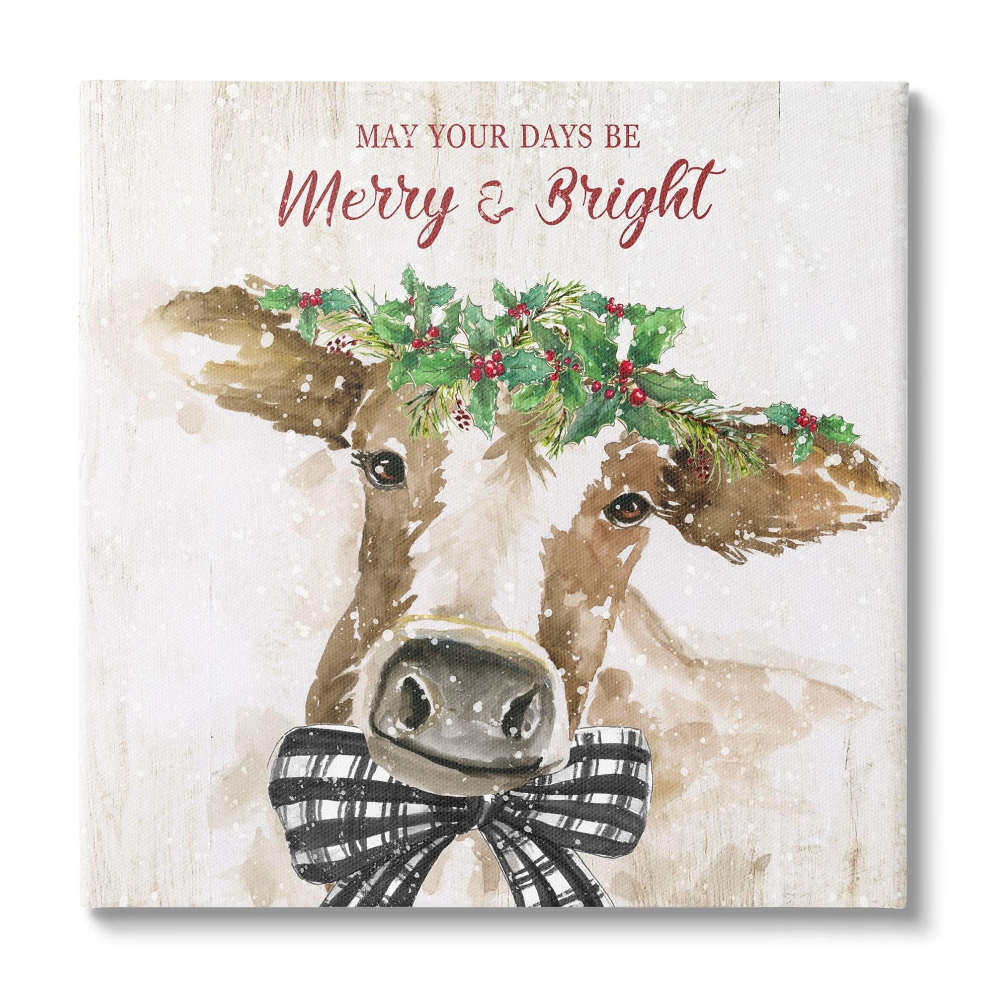 Stupell Industries Merry & Bright Holiday Cattle Holiday Painting Gallery Wrapped Canvas Print Wall Art