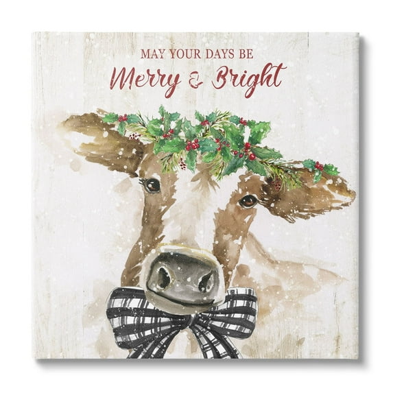 Stupell Industries Merry & Bright Holiday Cattle Holiday Painting Gallery Wrapped Canvas Print Wall Art