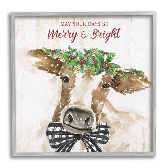 Stupell Industries Merry & Bright Holiday Cattle Holiday Painting Gray Framed Art Print Wall Art