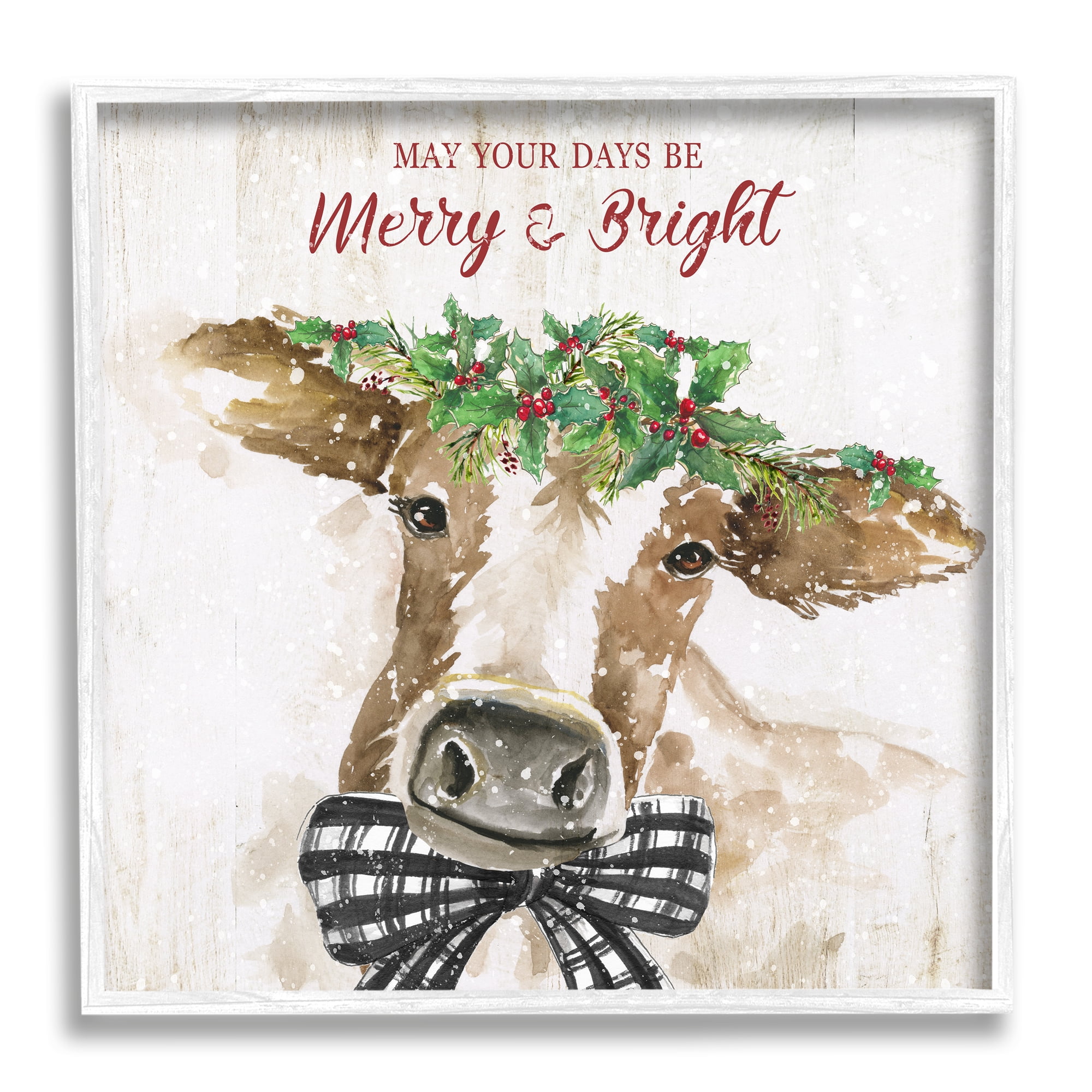 Stupell Industries Merry & Bright Holiday Cattle Holiday Painting White Framed Art Print Wall Art