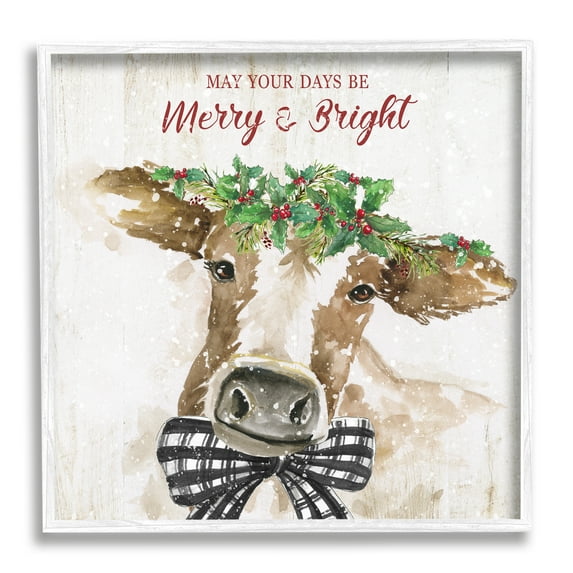 Stupell Industries Merry & Bright Holiday Cattle Holiday Painting White Framed Art Print Wall Art