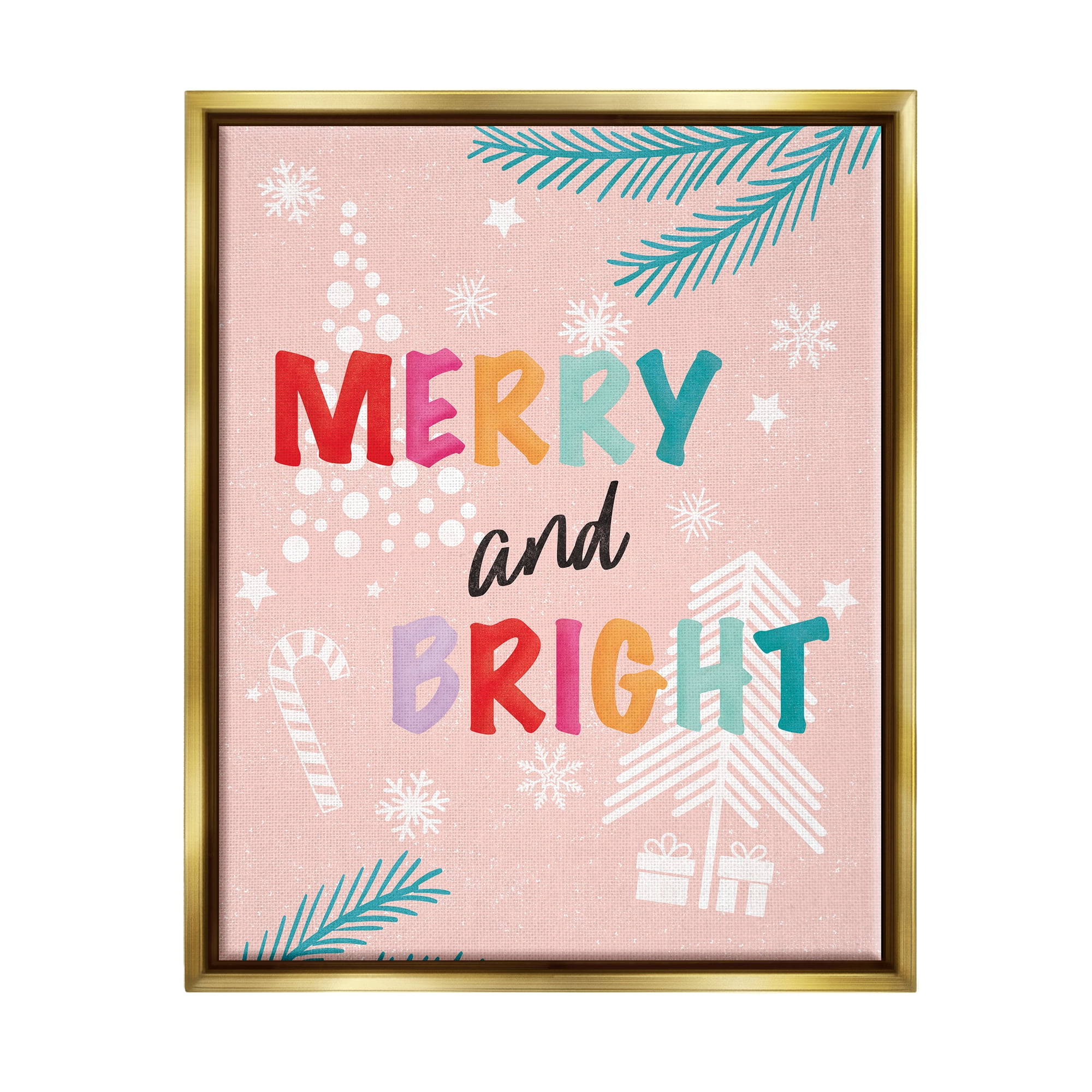 Stupell Industries Merry & Bright Pastel Phrase Holiday Painting Gold Floater Framed Art Print Wall Art