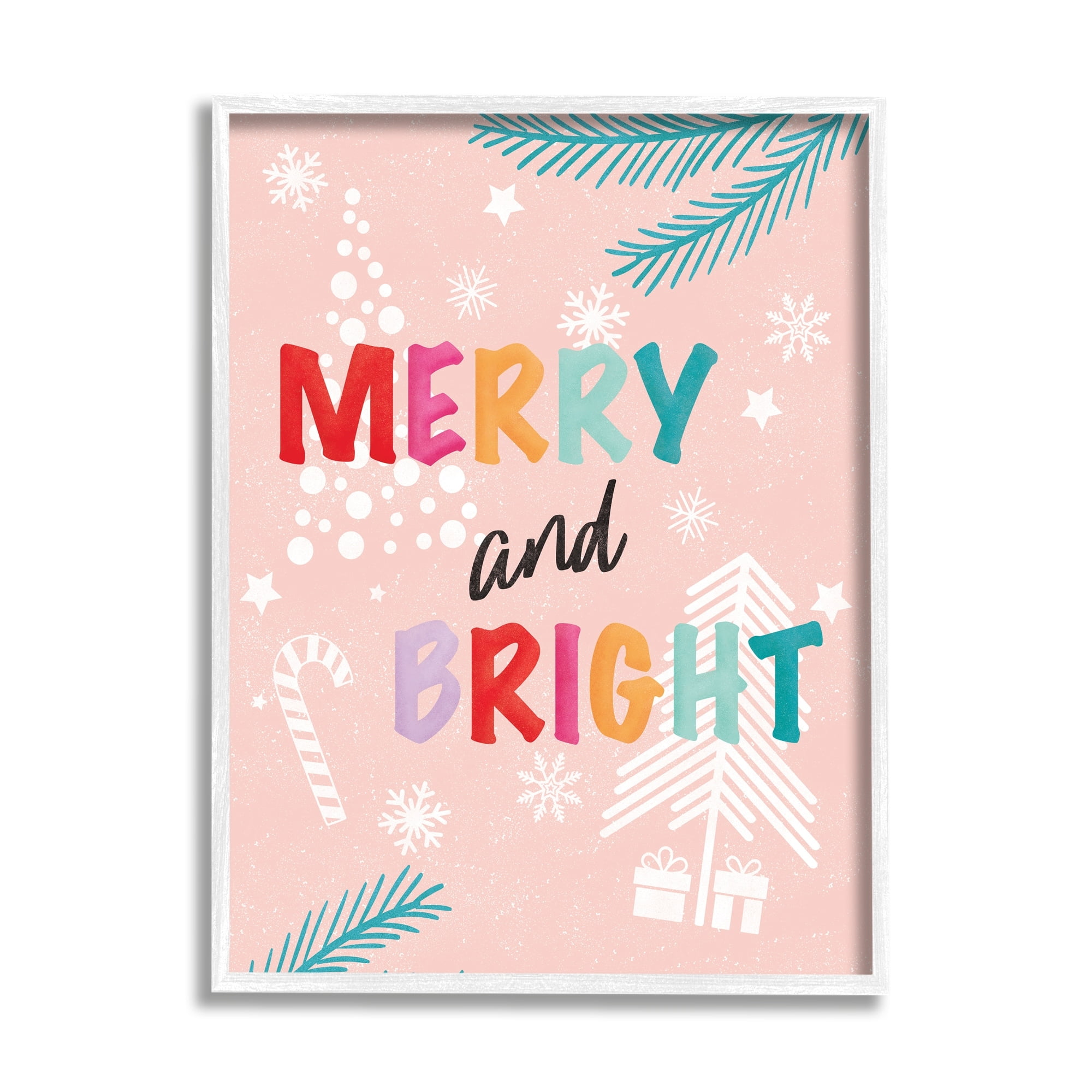 Stupell Industries Merry & Bright Pastel Phrase Holiday Painting White Framed Art Print Wall Art