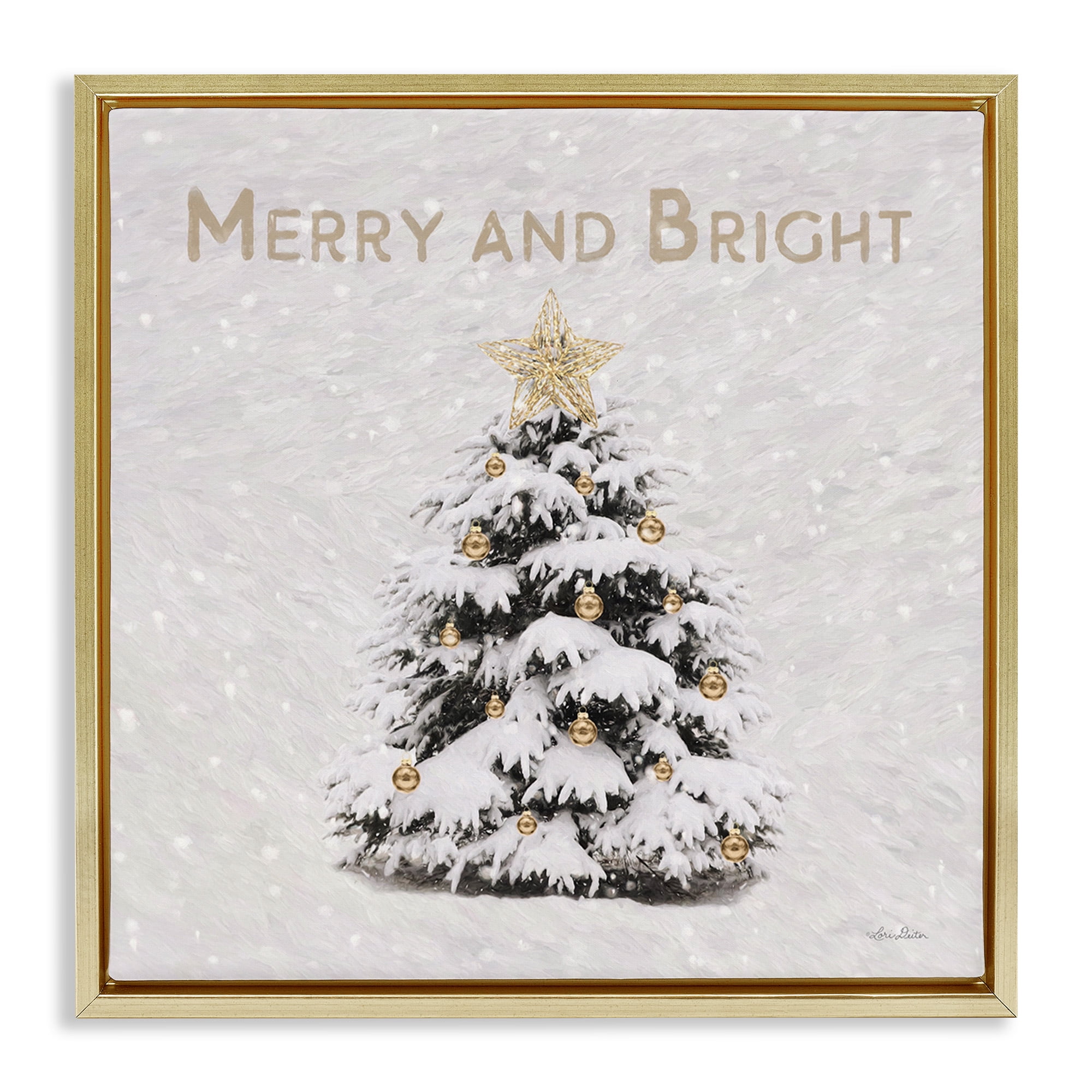 Stupell Industries Merry & Bright Scene Holiday Painting Gold Floater Framed Canvas Art Print Wall Art, 18 x 18