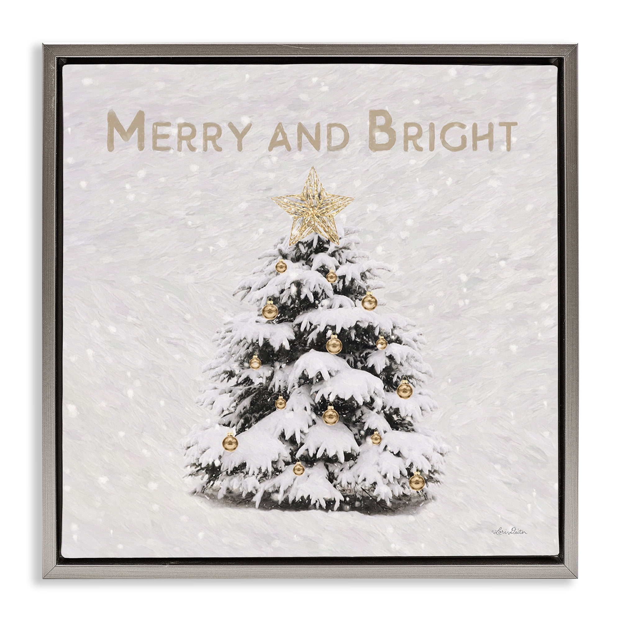 Stupell Industries Merry & Bright Scene Holiday Painting Gray Floater Framed Canvas Art Print Wall Art, 25 x 25
