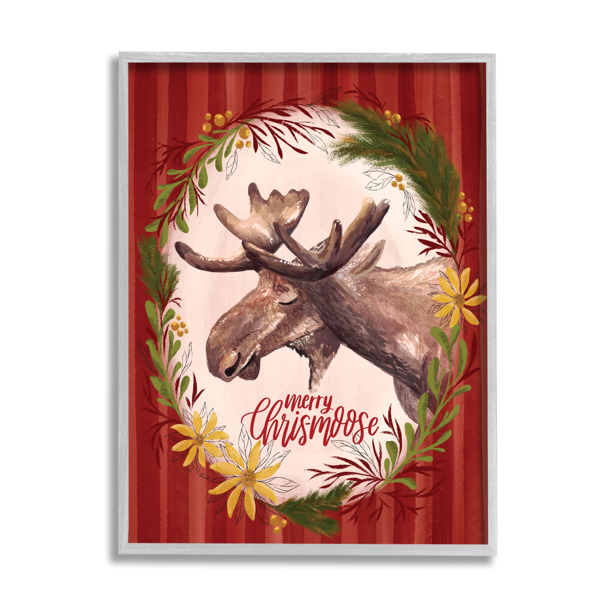 Stupell Industries Merry Chris-Moose Holiday Wreath Rustic Animal Pun Animals & Insects Painting Gray Framed Art Print Wall Art, 11 x 14
