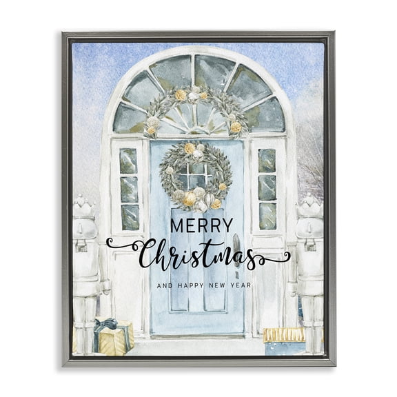 Stupell Industries Merry Christmas Blue Door Gray Framed Floater Canvas Wall Art design by Jesse Keith, 31 x 25