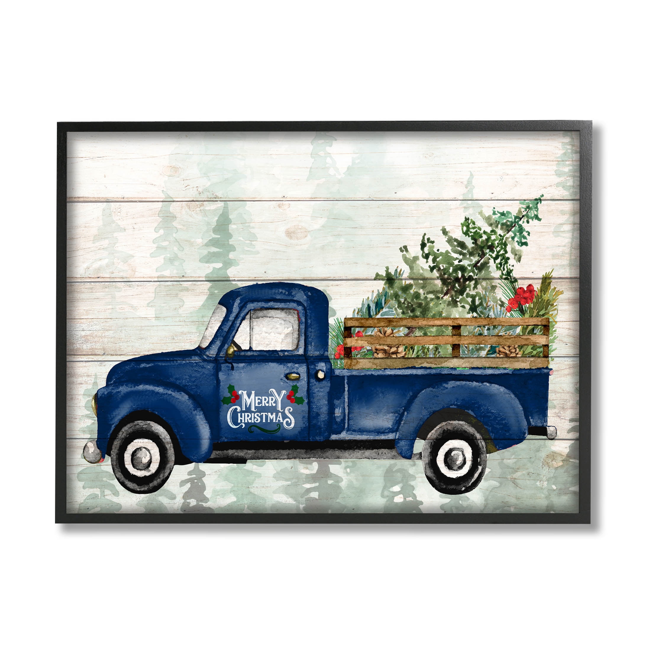Stupell Industries Merry Christmas Blue Holiday Truck Graphic Art Black Framed Art Print Wall Art, Design by Kim Allen