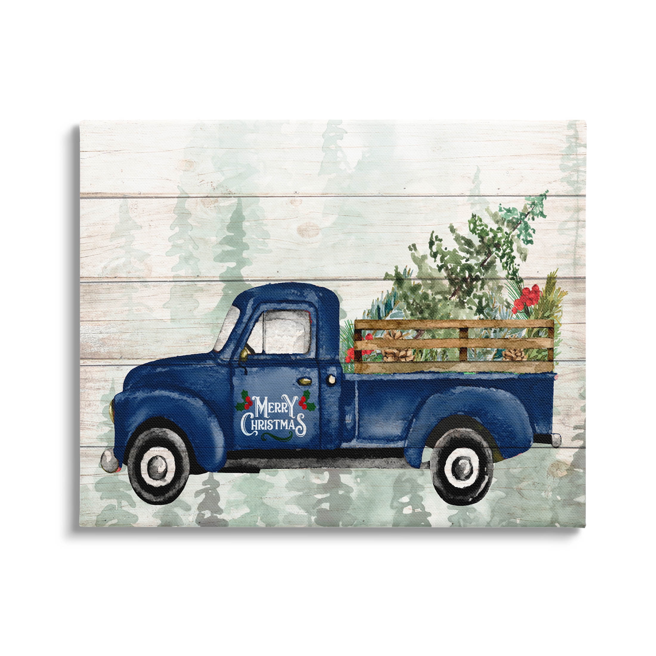Stupell Industries Merry Christmas Blue Holiday Truck Graphic Art Gallery Wrapped Canvas Print Wall Art, Design by Kim Allen