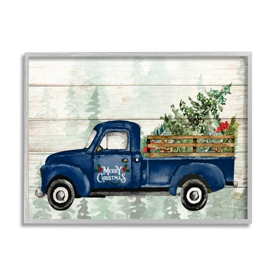 Stupell Industries Merry Christmas Blue Holiday Truck Graphic Art Gray Framed Art Print Wall Art, Design by Kim Allen