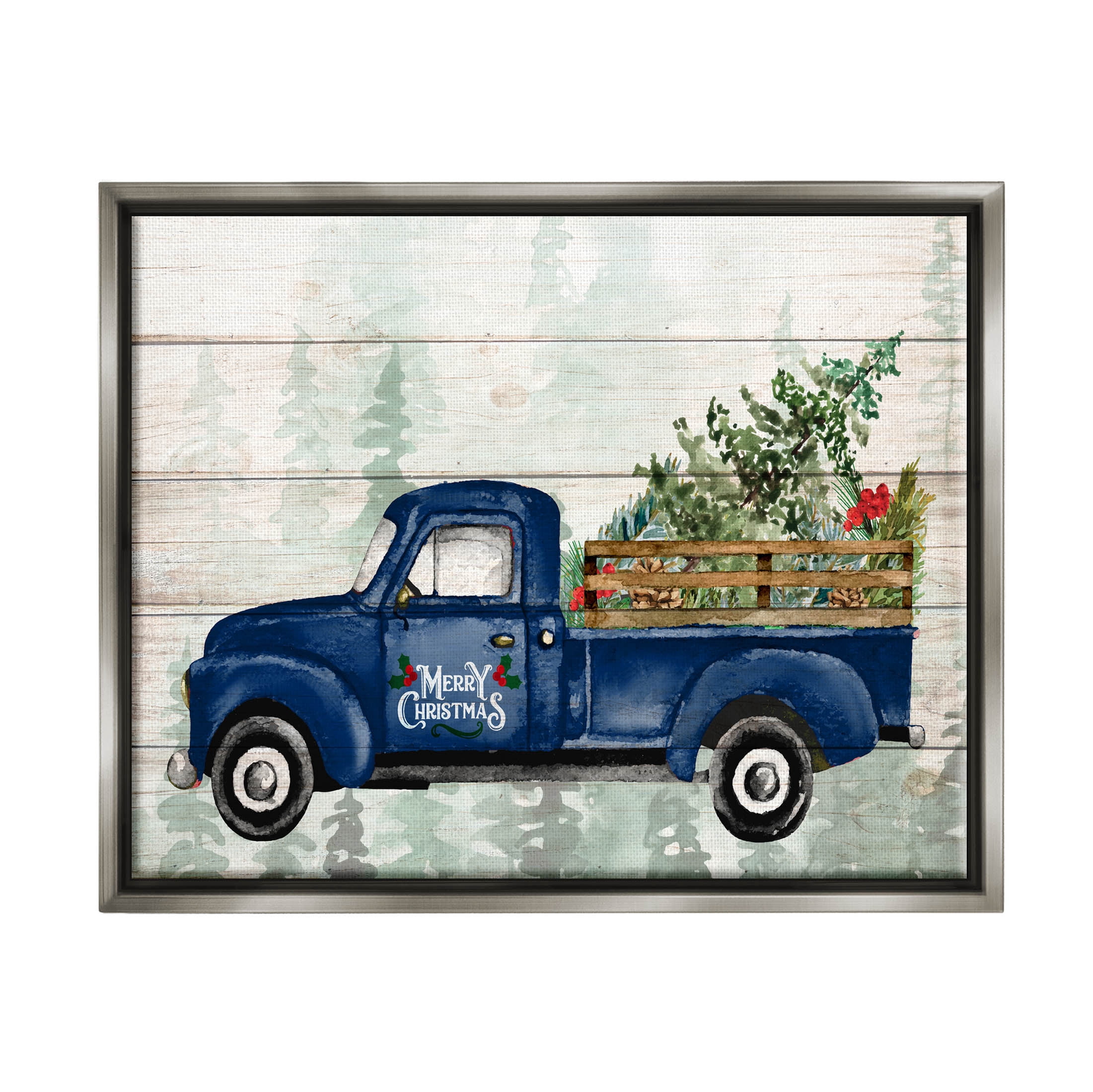 Stupell Industries Merry Christmas Blue Holiday Truck Graphic Art Luster Gray Floating Framed Canvas Print Wall Art, Design by Kim Allen