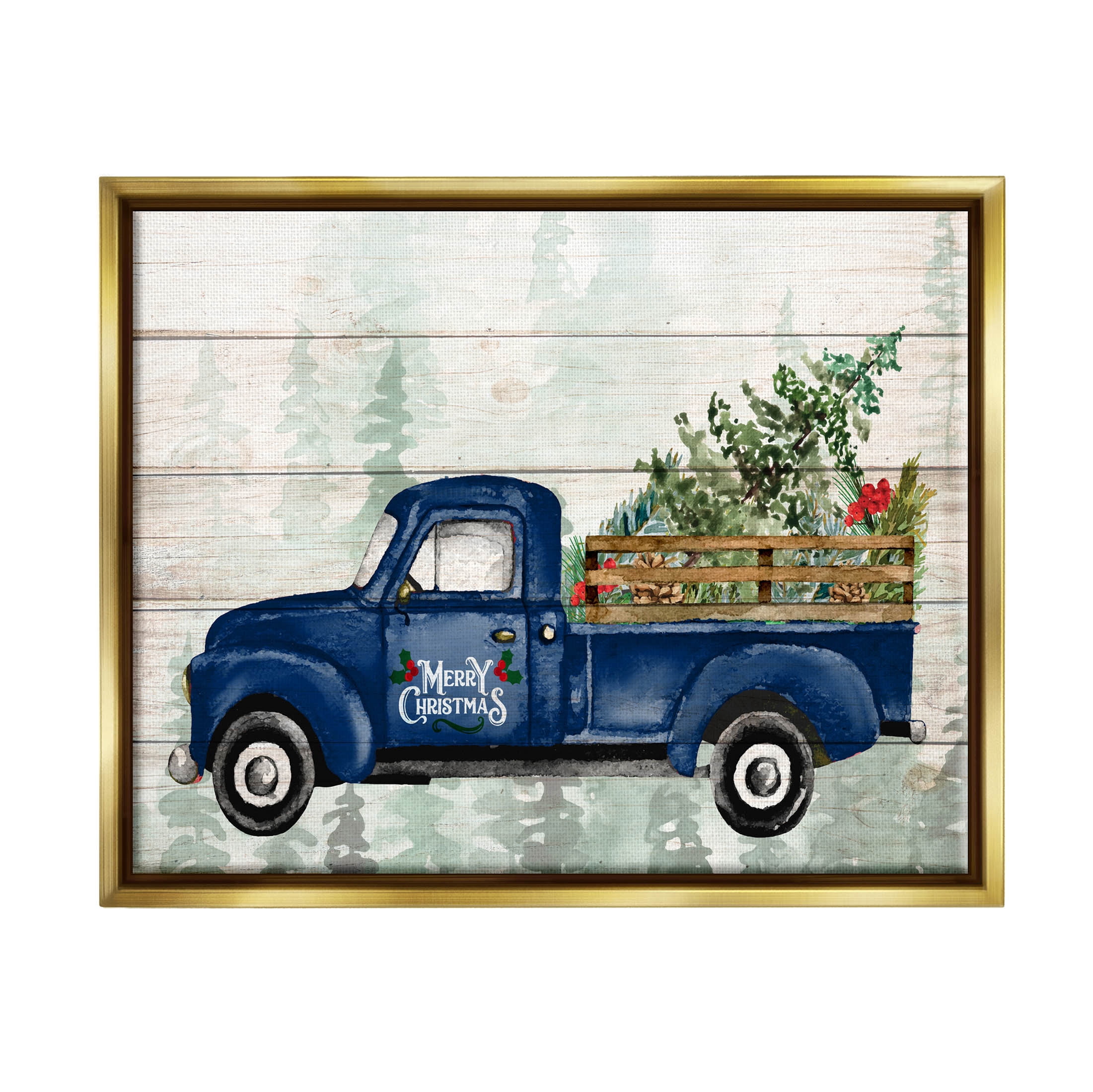 Stupell Industries Merry Christmas Blue Holiday Truck Graphic Art Metallic Gold Floating Framed Canvas Print Wall Art, Design by Kim Allen