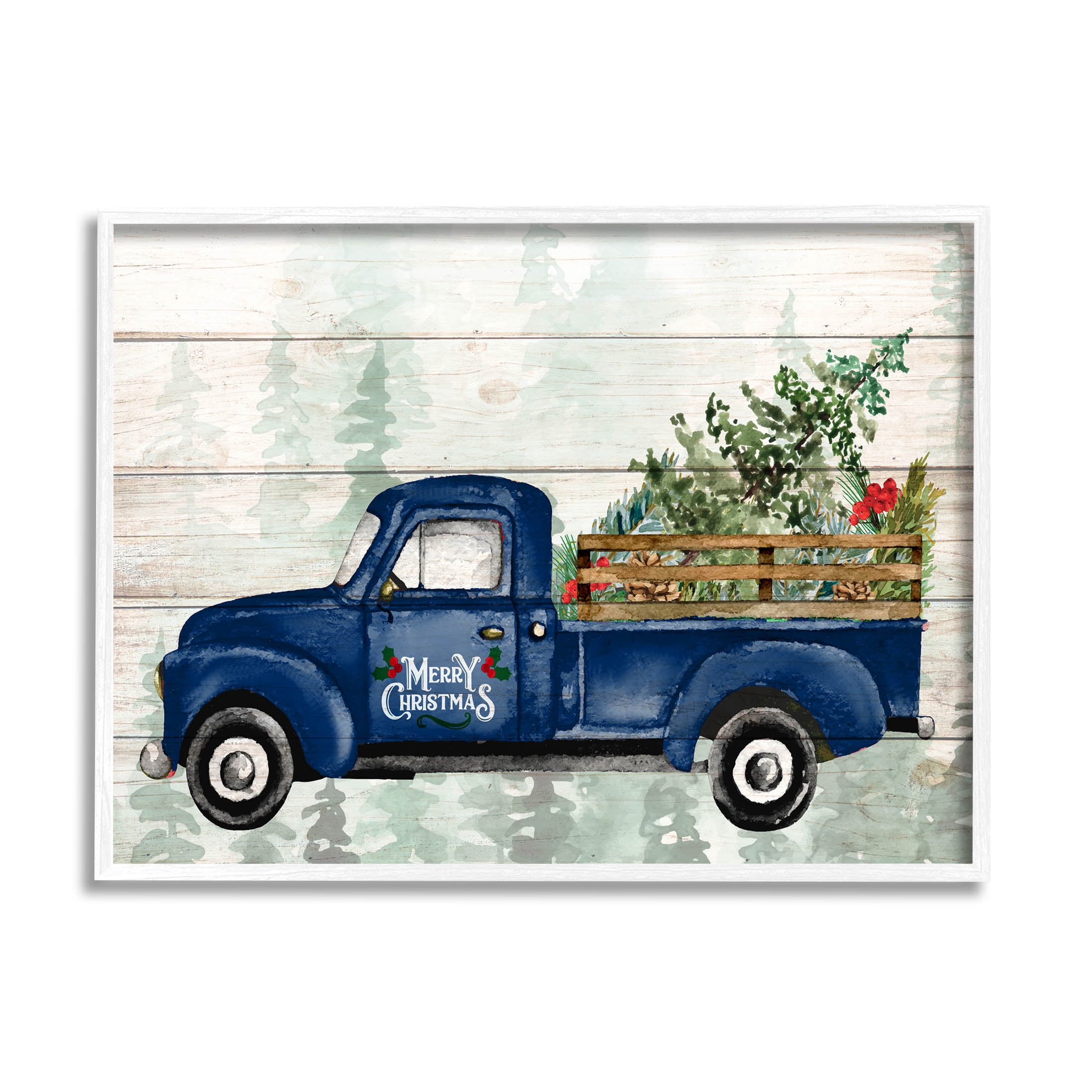 Stupell Industries Merry Christmas Blue Holiday Truck Graphic Art White Framed Art Print Wall Art, Design by Kim Allen