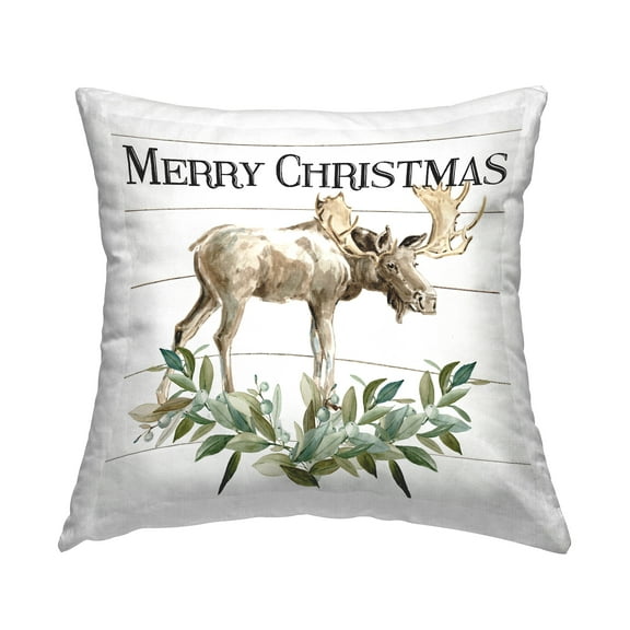 Stupell Industries Merry Christmas Botanical Moose Plank Pattern Design by Carol Robinson Throw Pillow