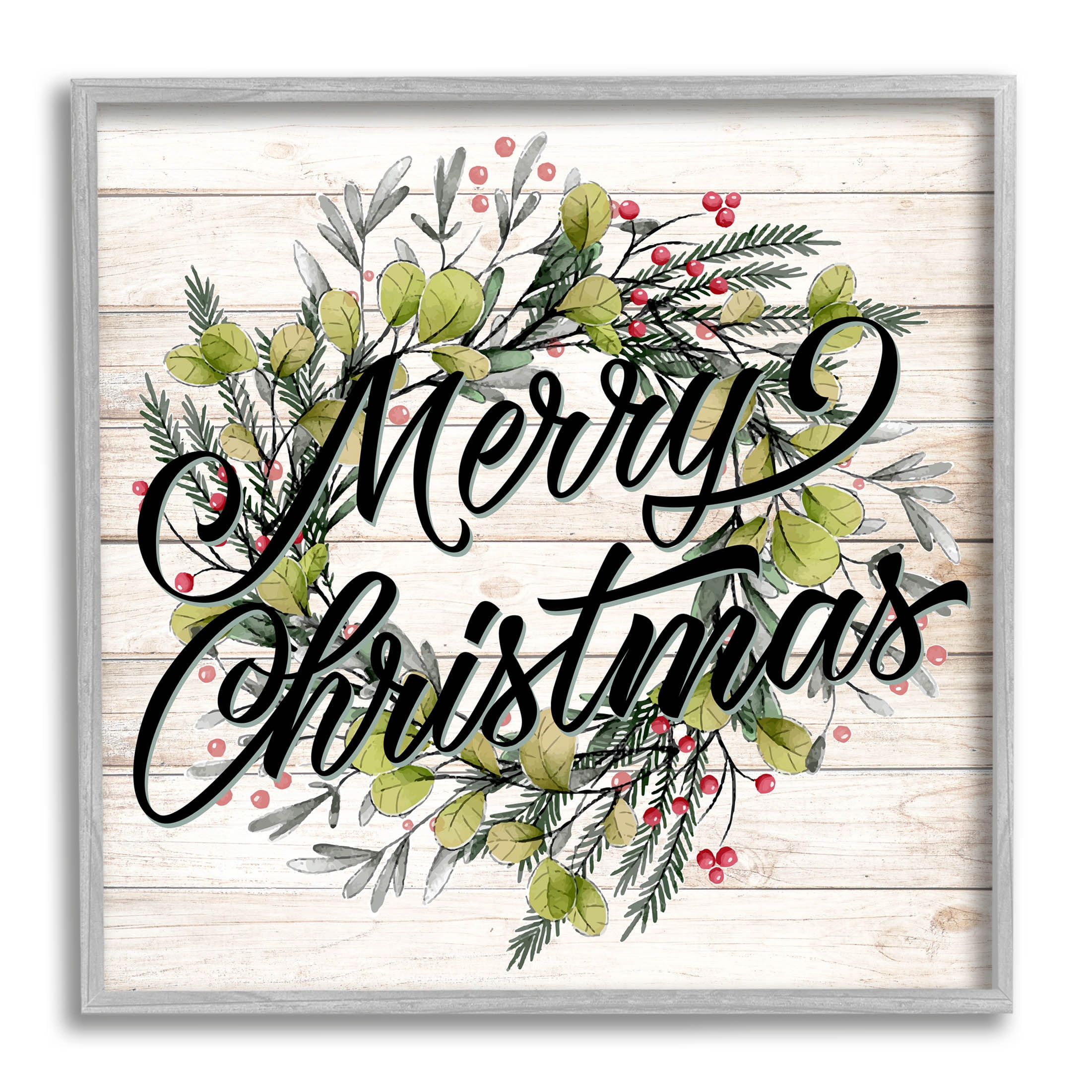 Stupell Industries Merry Christmas Botanical Wreath Graphic Art Gray Framed Art Print Wall Art, Design by Kim Allen