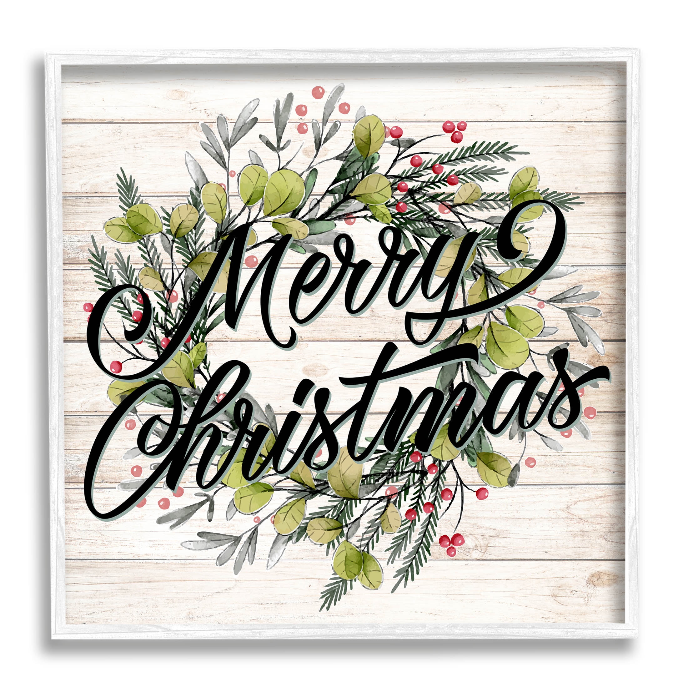 Stupell Industries Merry Christmas Botanical Wreath Graphic Art White Framed Art Print Wall Art, Design by Kim Allen