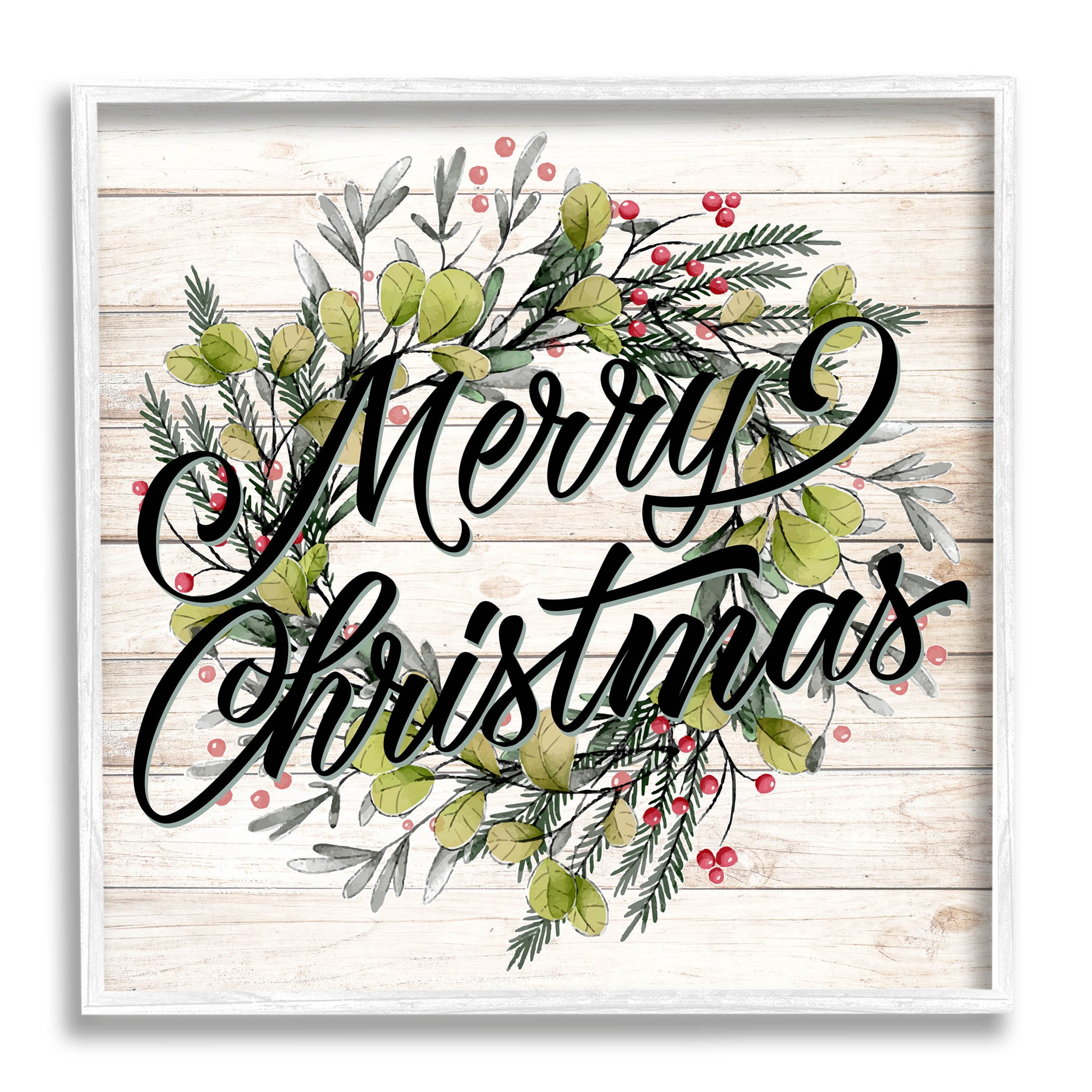 Stupell Industries Merry Christmas Botanical Wreath Graphic Art White Framed Art Print Wall Art, Design by Kim Allen