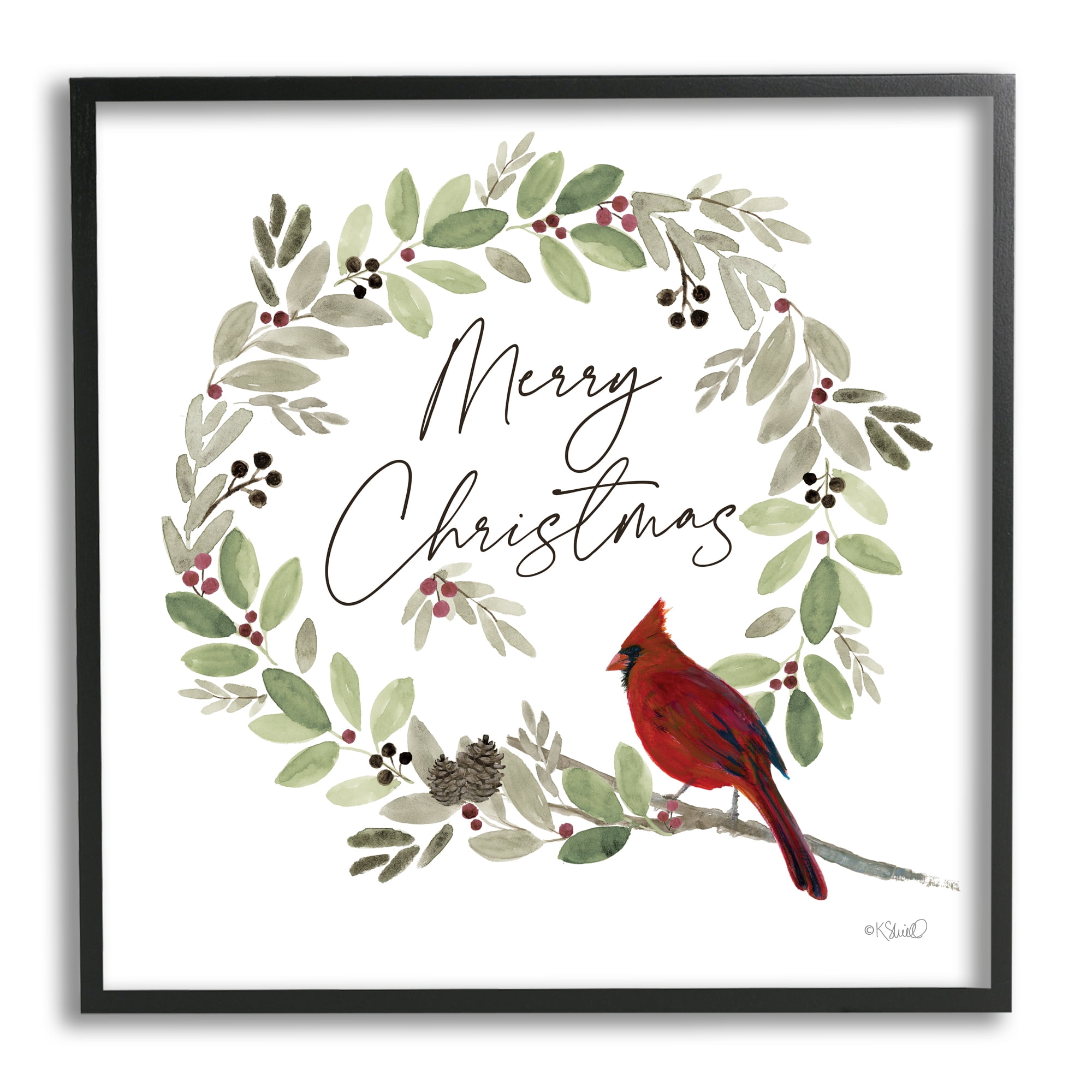 Stupell Industries Merry Christmas Cardinal Holiday Painting Black Framed Art Print Wall Art, 17 x 17