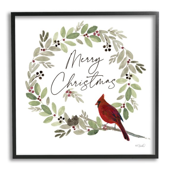 Stupell Industries Merry Christmas Cardinal Holiday Painting Black Framed Art Print Wall Art, 17 x 17