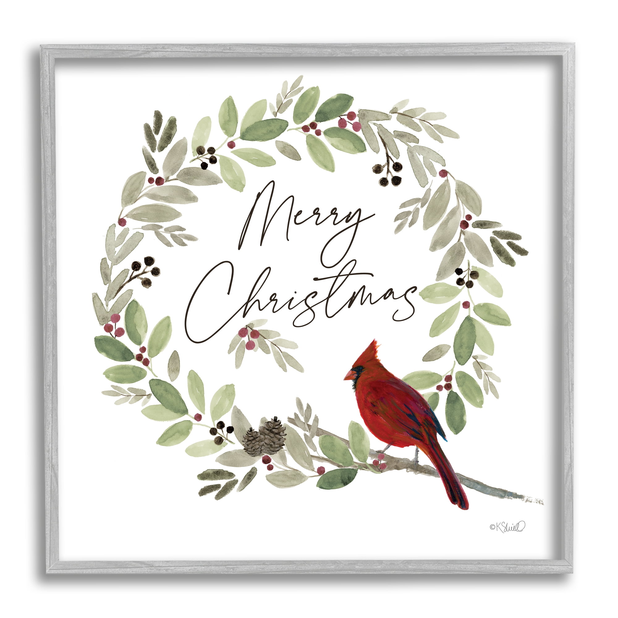 Stupell Industries Merry Christmas Cardinal Holiday Painting Gray Framed Art Print Wall Art, 24 x 24