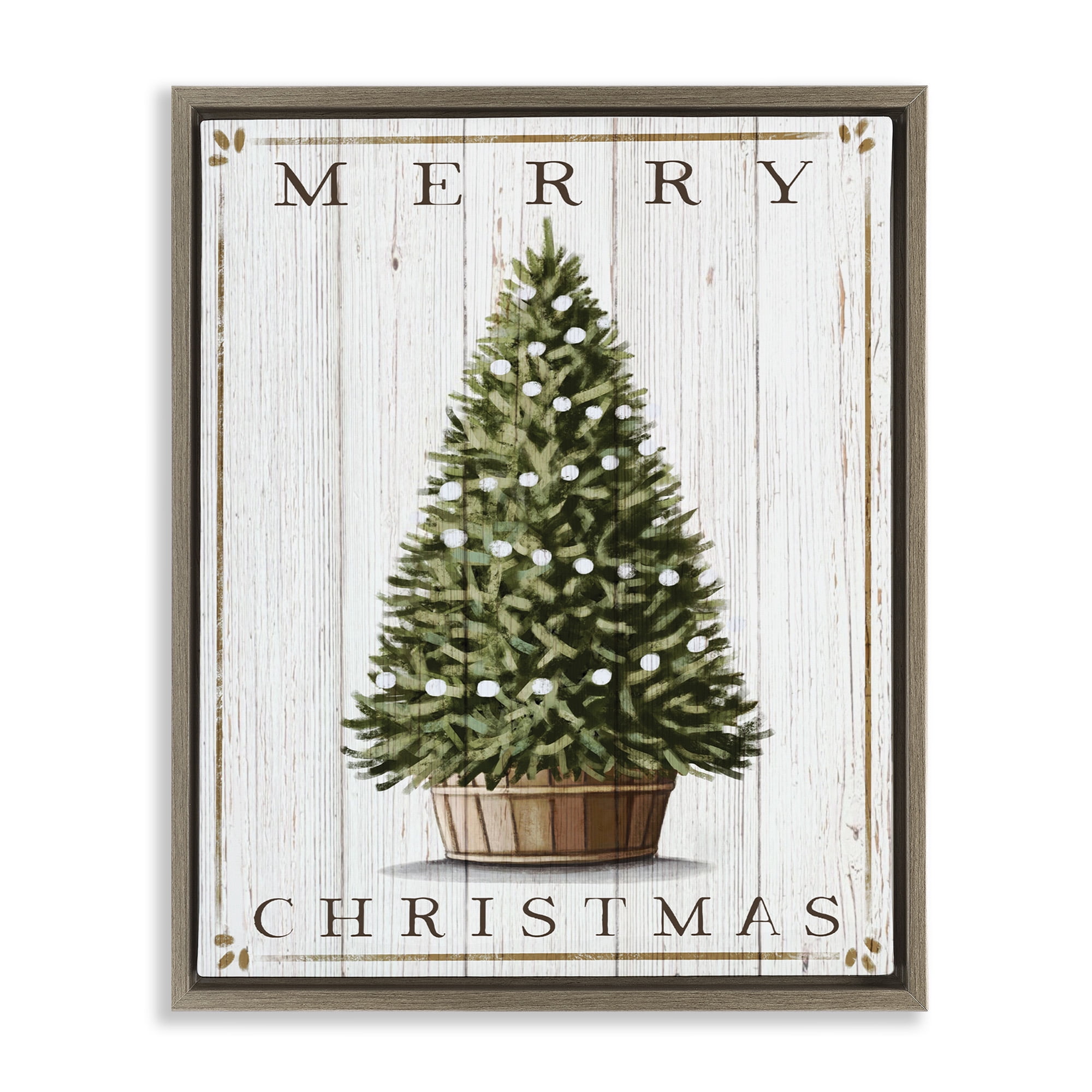 Stupell Industries Merry Christmas Country Tree Holiday Painting Brown Floater Framed Canvas Art Print Wall Art, 17 x 21