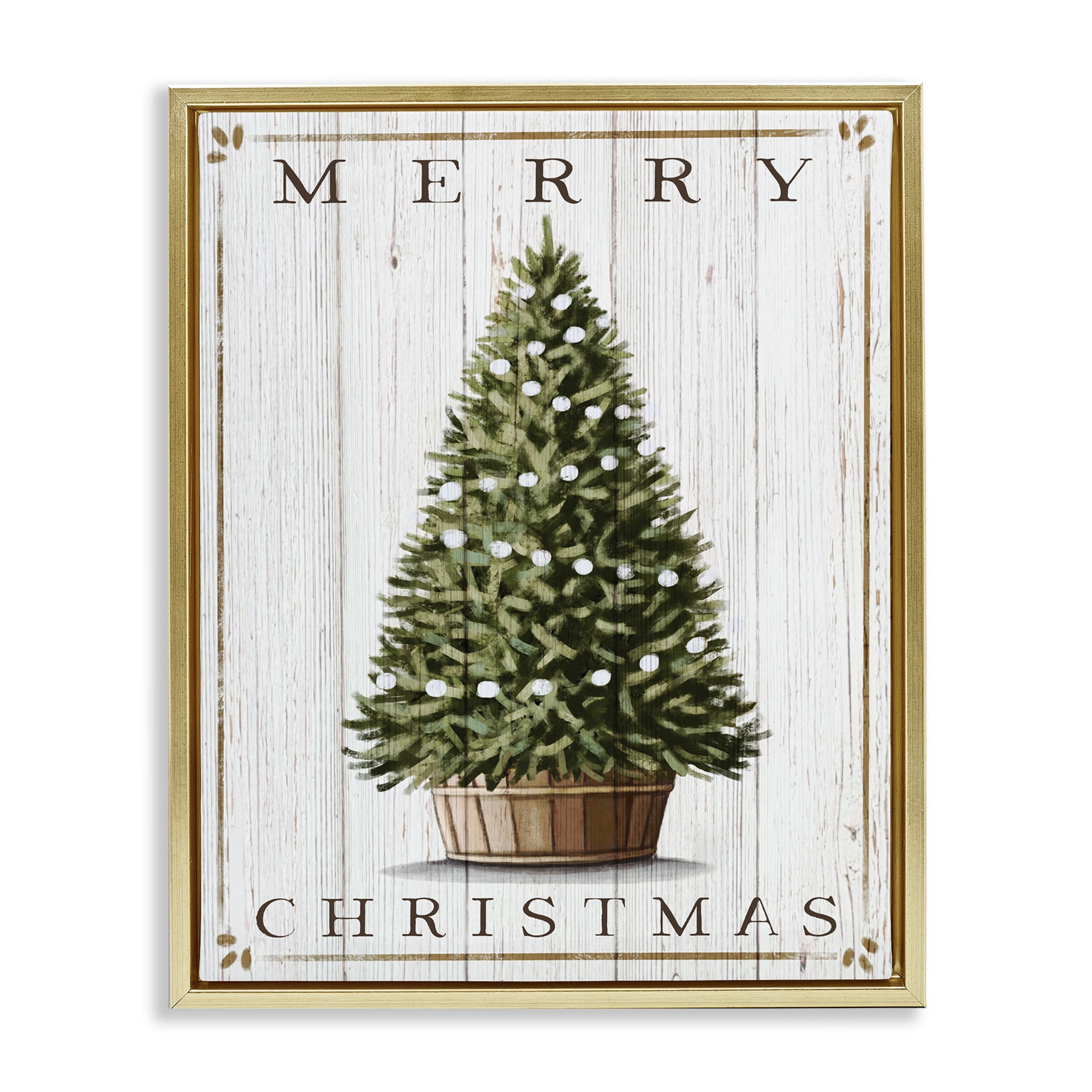 Stupell Industries Merry Christmas Country Tree Holiday Painting Gold Floater Framed Canvas Art Print Wall Art, 17 x 21