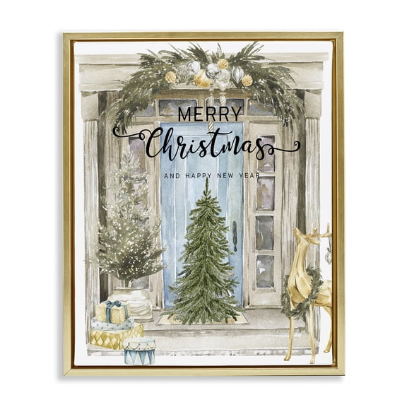 Stupell Industries Merry Christmas Door & Tree Gold Framed Floater Canvas Wall Art design by Jesse Keith, 31 x 25