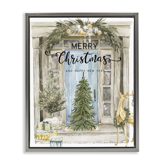 Stupell Industries Merry Christmas Door & Tree Gray Framed Floater Canvas Wall Art design by Jesse Keith, 21 x 17