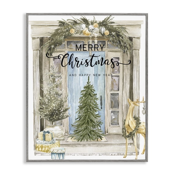 Stupell Industries Merry Christmas Door & Tree Gray Framed Giclee Art design by Jesse Keith, 20 x 16