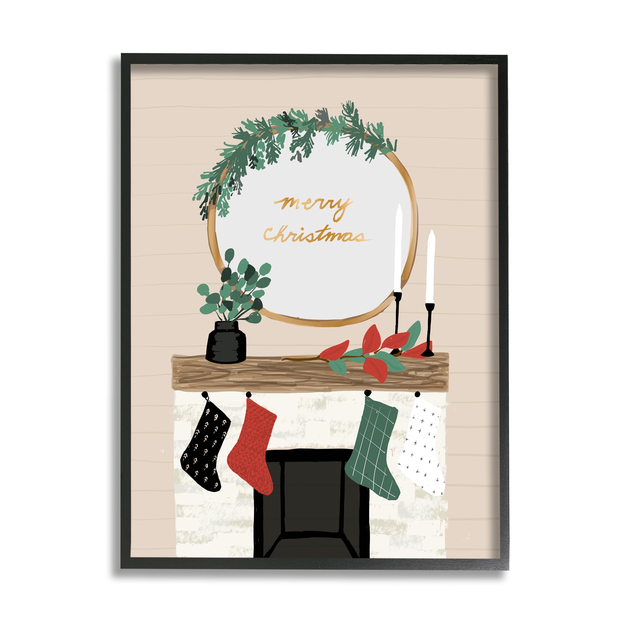 Stupell Industries Merry Christmas Festive Holiday Fireplace Mantle Holiday Painting Black Framed Art Print Wall Art, 16 x 20