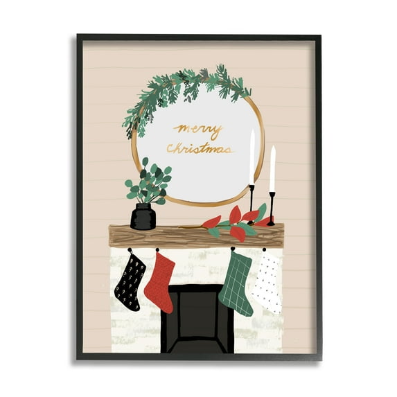 Stupell Industries Merry Christmas Festive Holiday Fireplace Mantle Holiday Painting Black Framed Art Print Wall Art, 16 x 20