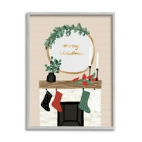 Stupell Industries Merry Christmas Festive Holiday Fireplace Mantle Holiday Painting Gray Framed Art Print Wall Art, 11 x 14