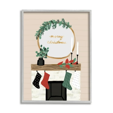 Stupell Industries Merry Christmas Festive Holiday Fireplace Mantle Holiday Painting Gray Framed Art Print Wall Art, 11 x 14