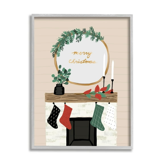 Stupell Industries Merry Christmas Festive Holiday Fireplace Mantle Holiday Painting Gray Framed Art Print Wall Art, 11 x 14