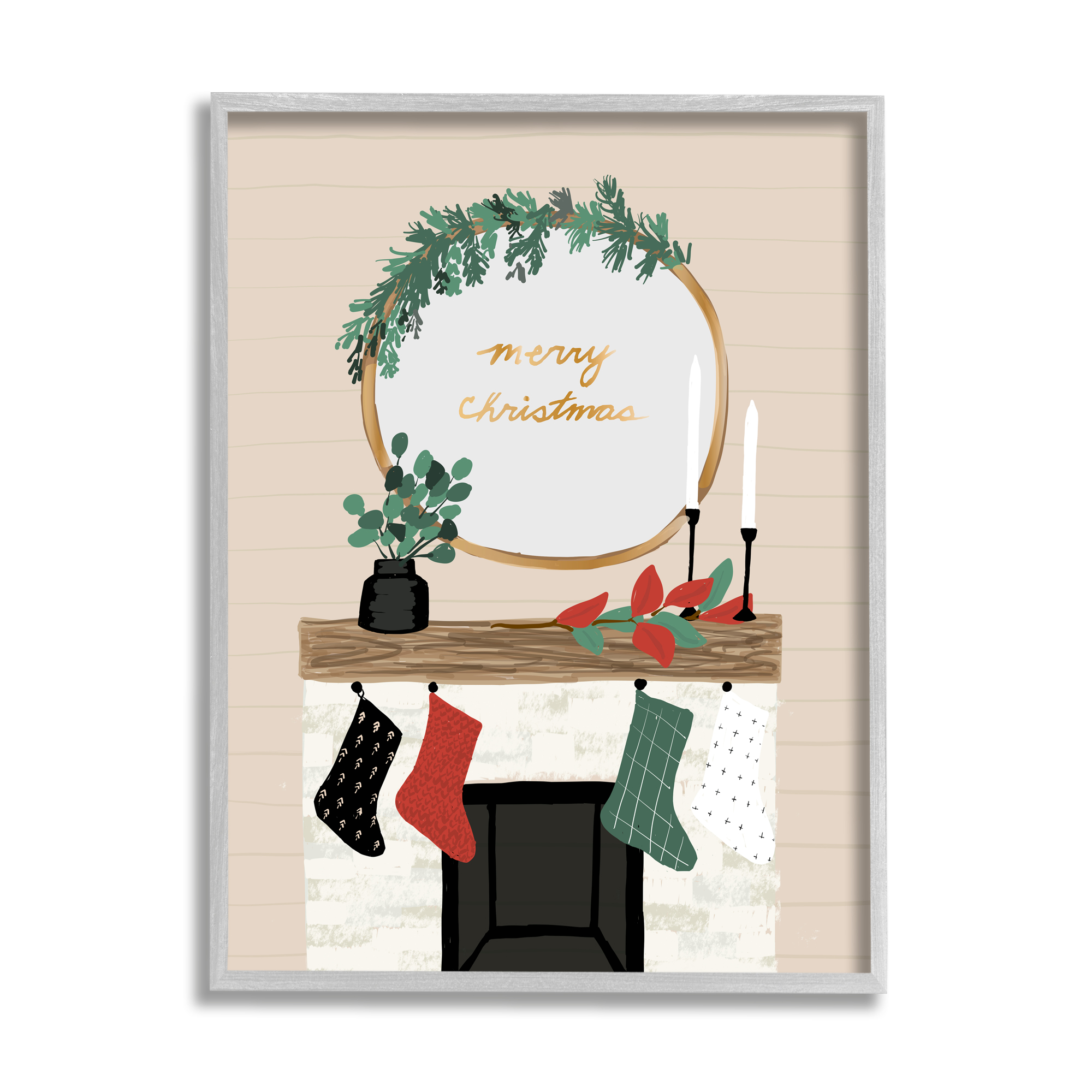 Stupell Industries Merry Christmas Festive Holiday Fireplace Mantle Holiday Painting Gray Framed Art Print Wall Art, 24 x 30