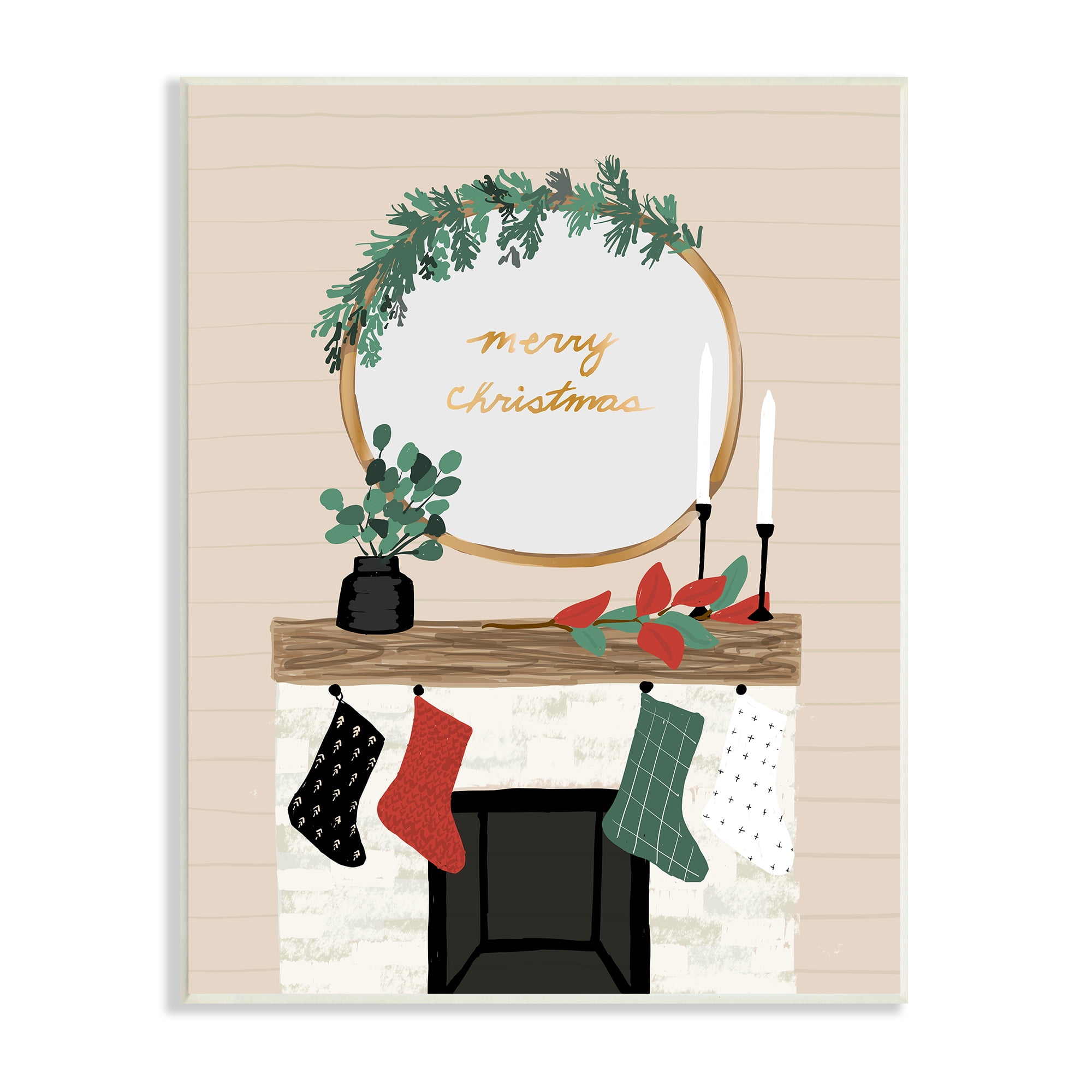 Stupell Industries Merry Christmas Festive Holiday Fireplace Mantle Holiday Painting Unframed Art Print Wall Art, 13 x 19